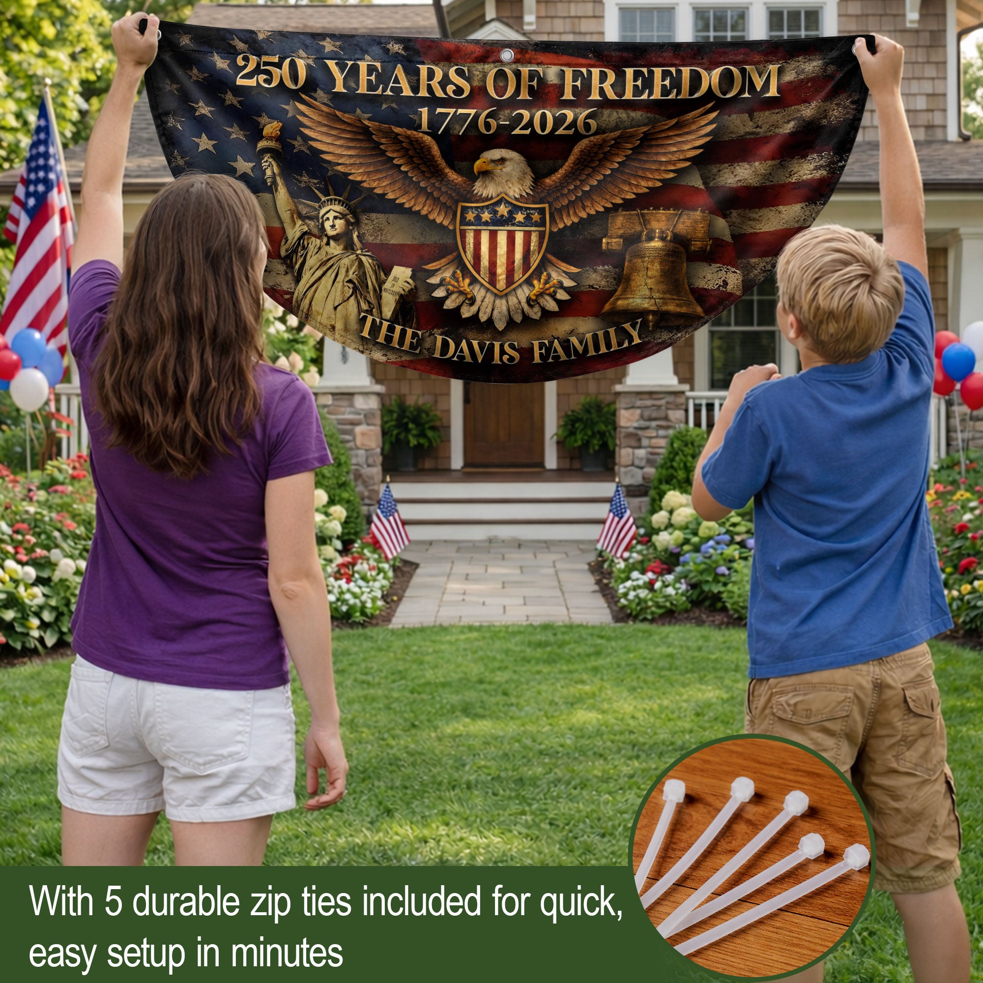 American Eagle Shield Fence Flag Custom Family Name 250 Years of Freedom 1776-2026 Patriotic Yard Decor