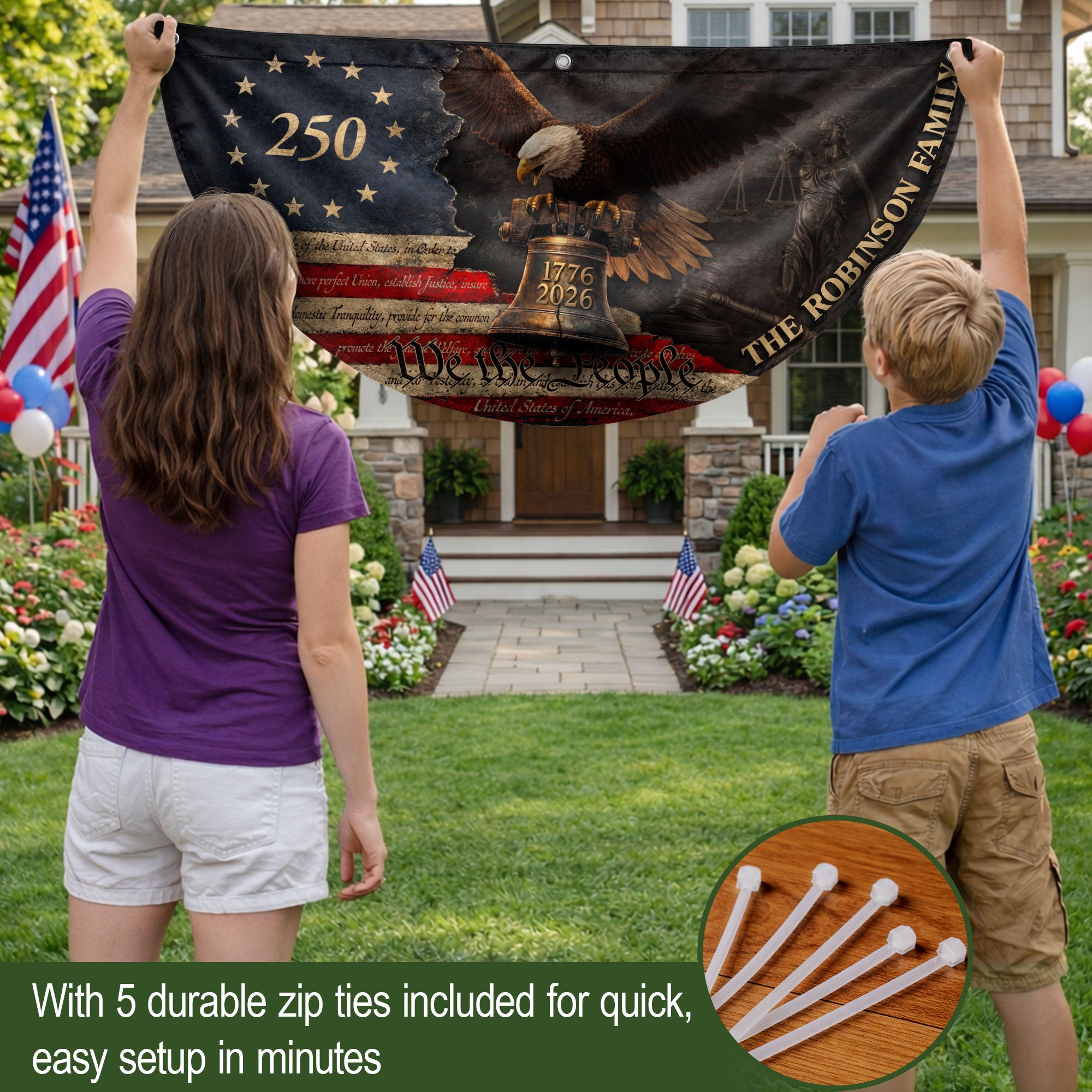 Distressed Eagle Liberty Bell Fence Flag Custom Family Name 250 Years Freedom 1776-2026 Patriotic Decor