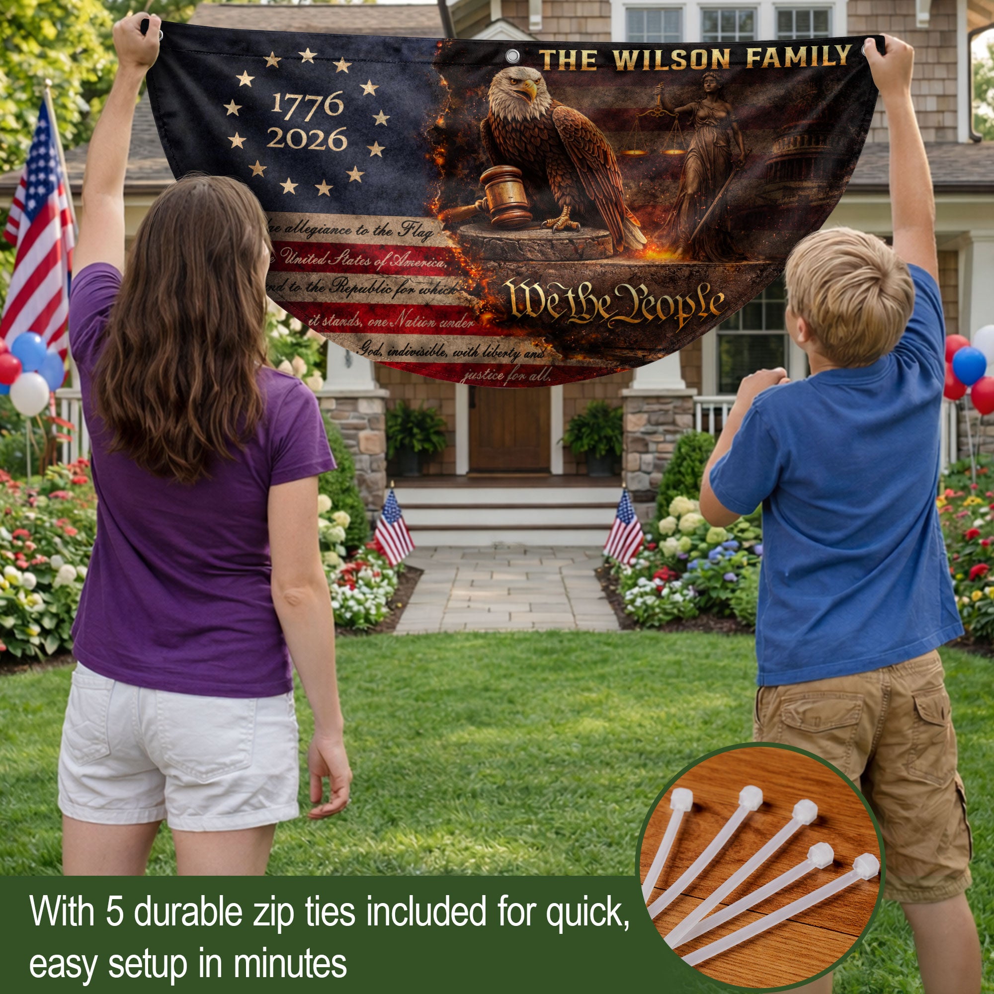 Justice Eagle Gavel Fence Flag Custom Family Name 250 Years Freedom 1776-2026 Patriotic Yard Decor