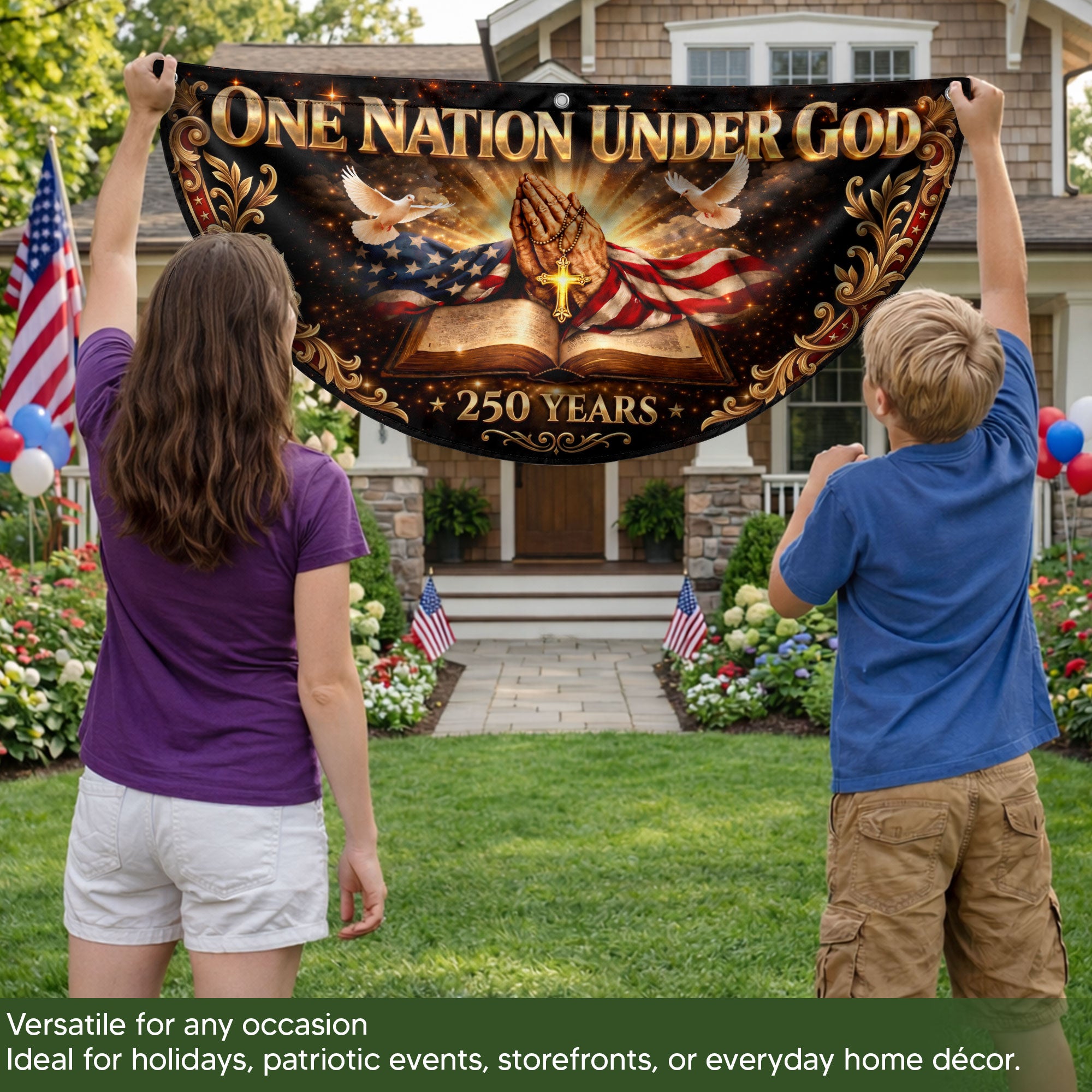 250 Years United States Fence Flag One Nation Under God 1776-2026 Patriotic Bible Banner