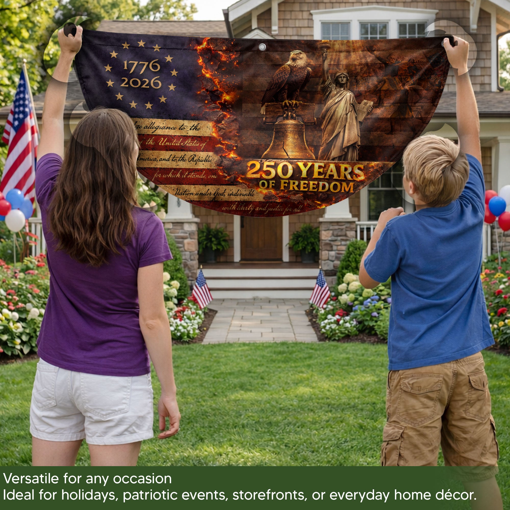 250 Years of Freedom Fence Flag 1776 to 2026 Patriotic Eagle Liberty Bell Statue Outdoor Yard Decor