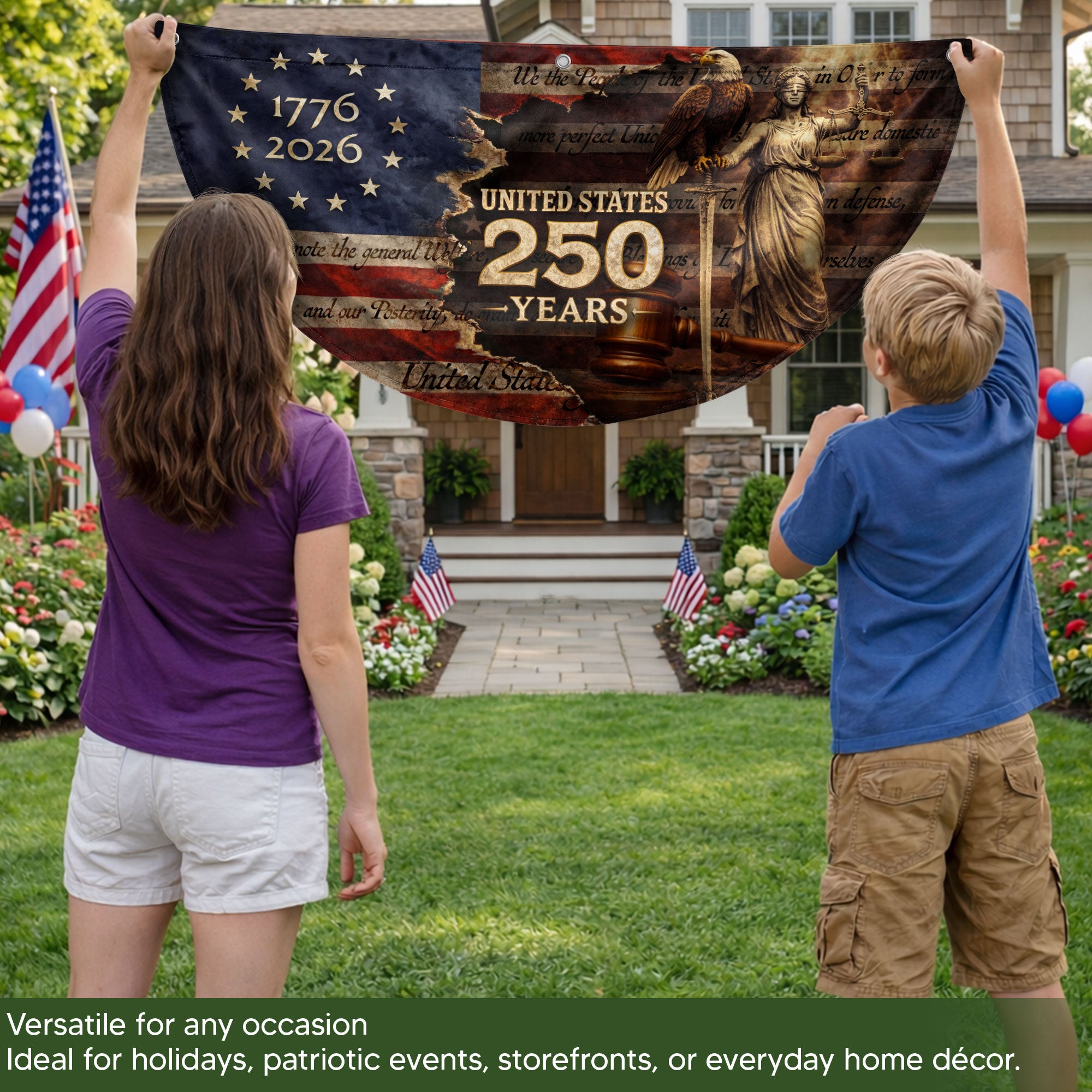 America 250 Years Fence Flag 1776 to 2026 Patriotic Eagle Lady Justice Outdoor Yard Decor