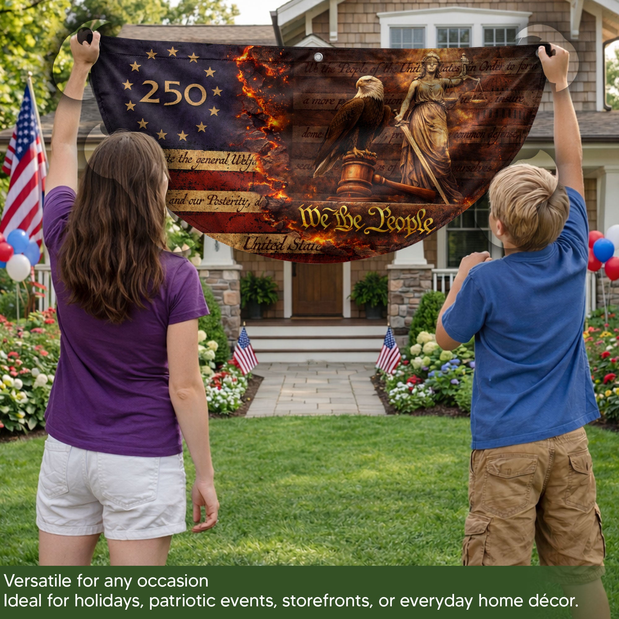 We The People 250 Fence Flag Patriotic Eagle Lady Justice 1776 to 2026 Outdoor Yard Decor
