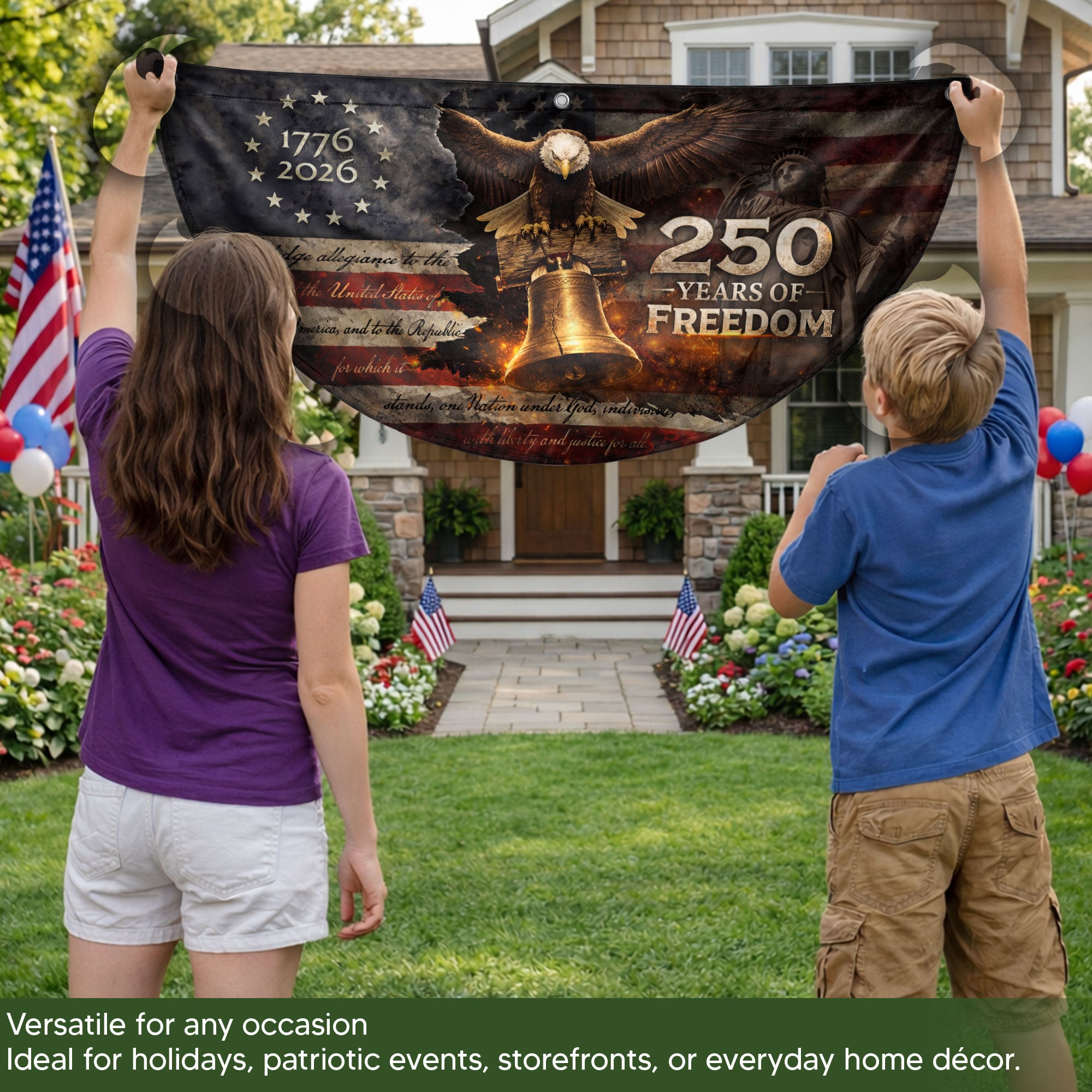 American 250 Year Fence Flag 1776 to 2026 Freedom Eagle Bell Patriotic Outdoor Decor