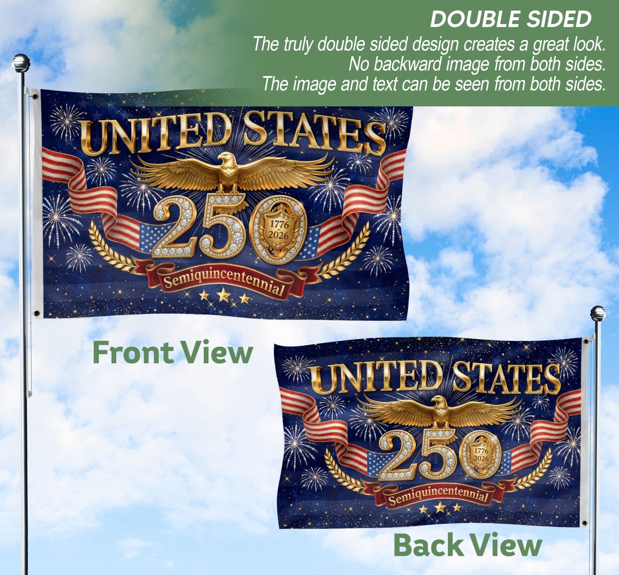 Gold Eagle Fireworks Patriotic American Luxury Banner Flag US 1776 2026 Anniversary 3x5ft - Rust Field Wear