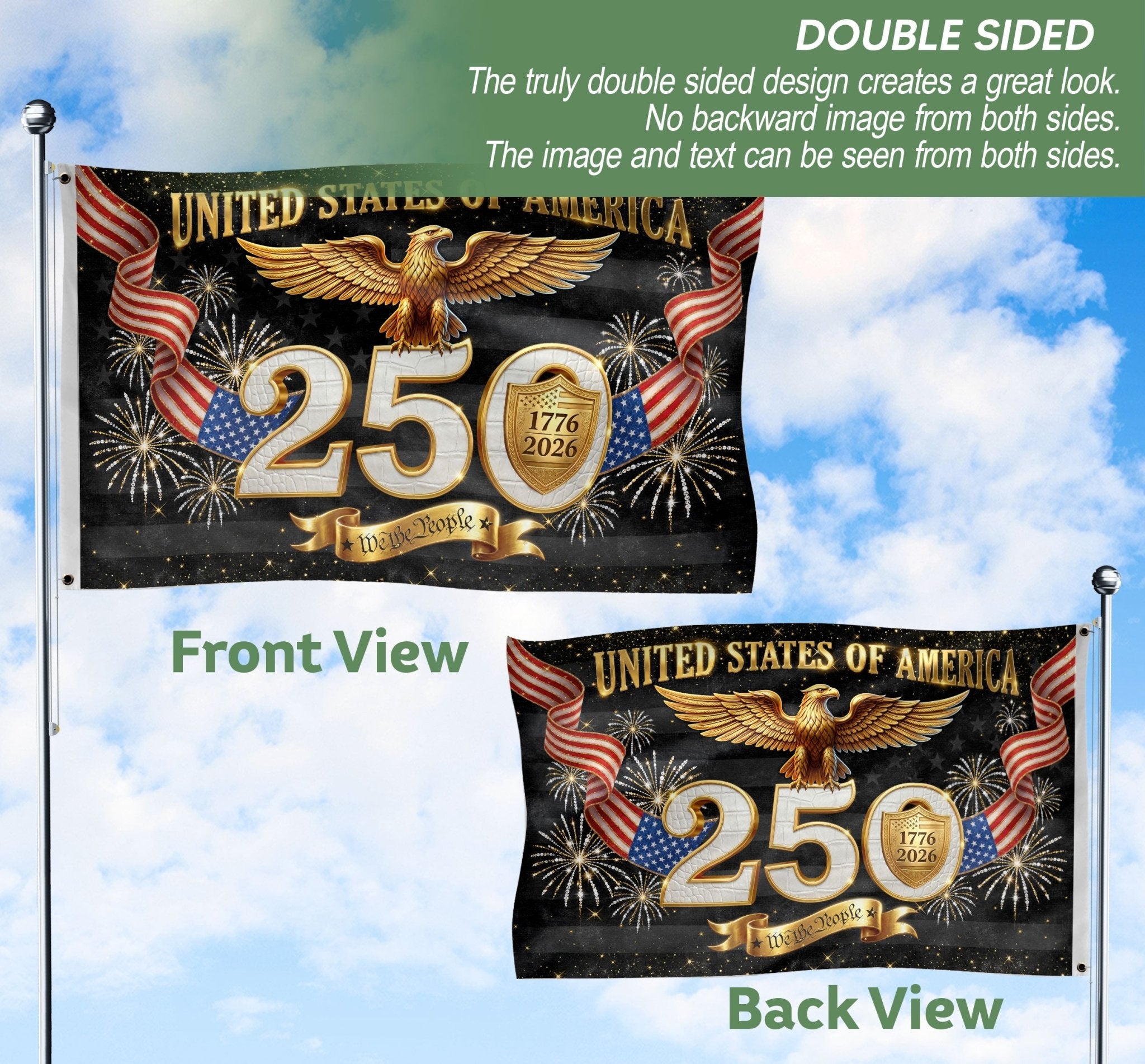 Gold Eagle Fireworks We The People Patriotic American Banner Flag US 1776 2026 Party 3x5ft - Rust Field Wear