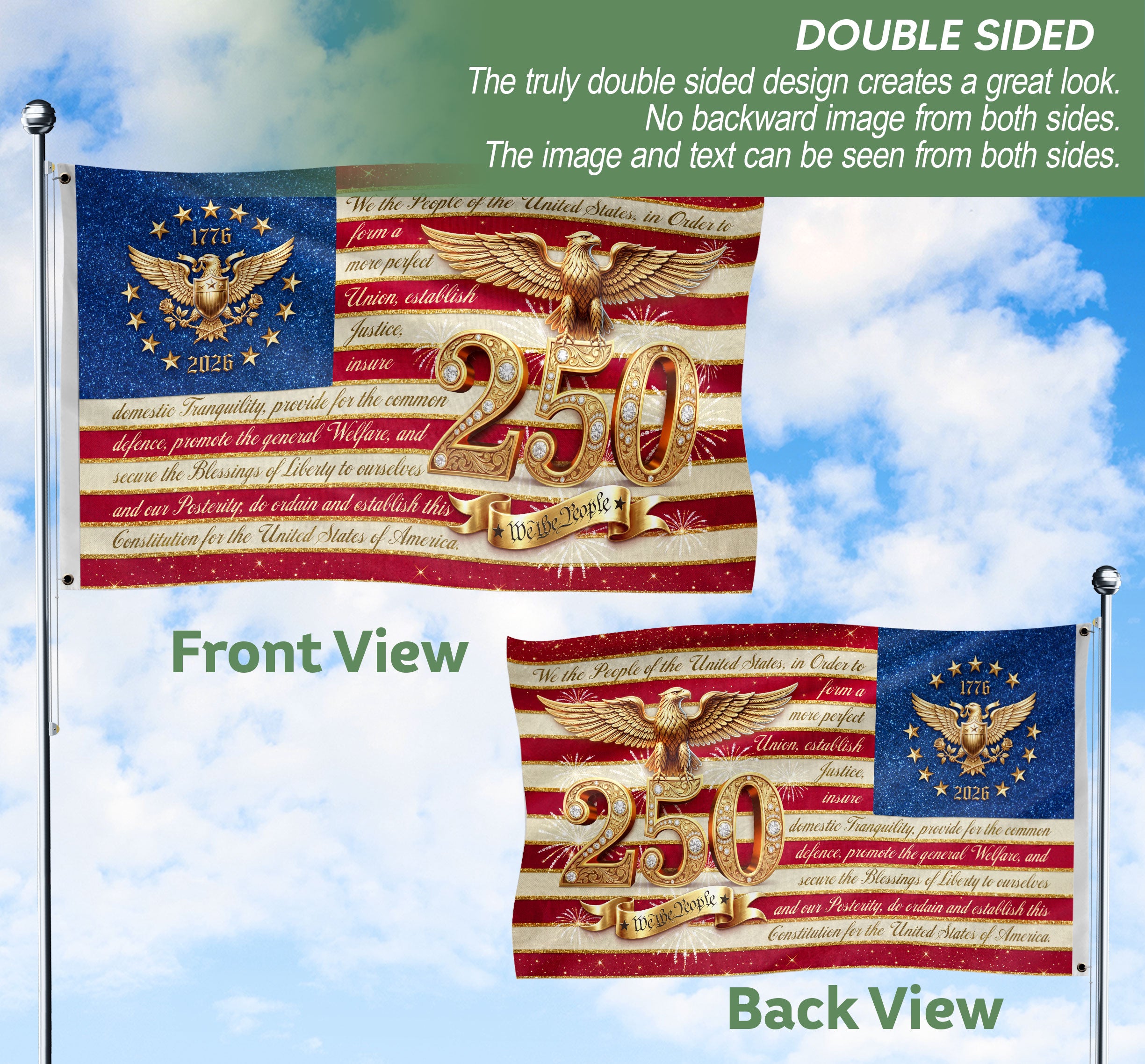 USA 250 Years Patriotic Flag - Golden Eagle & Diamond Constitution Banner 1776-2026