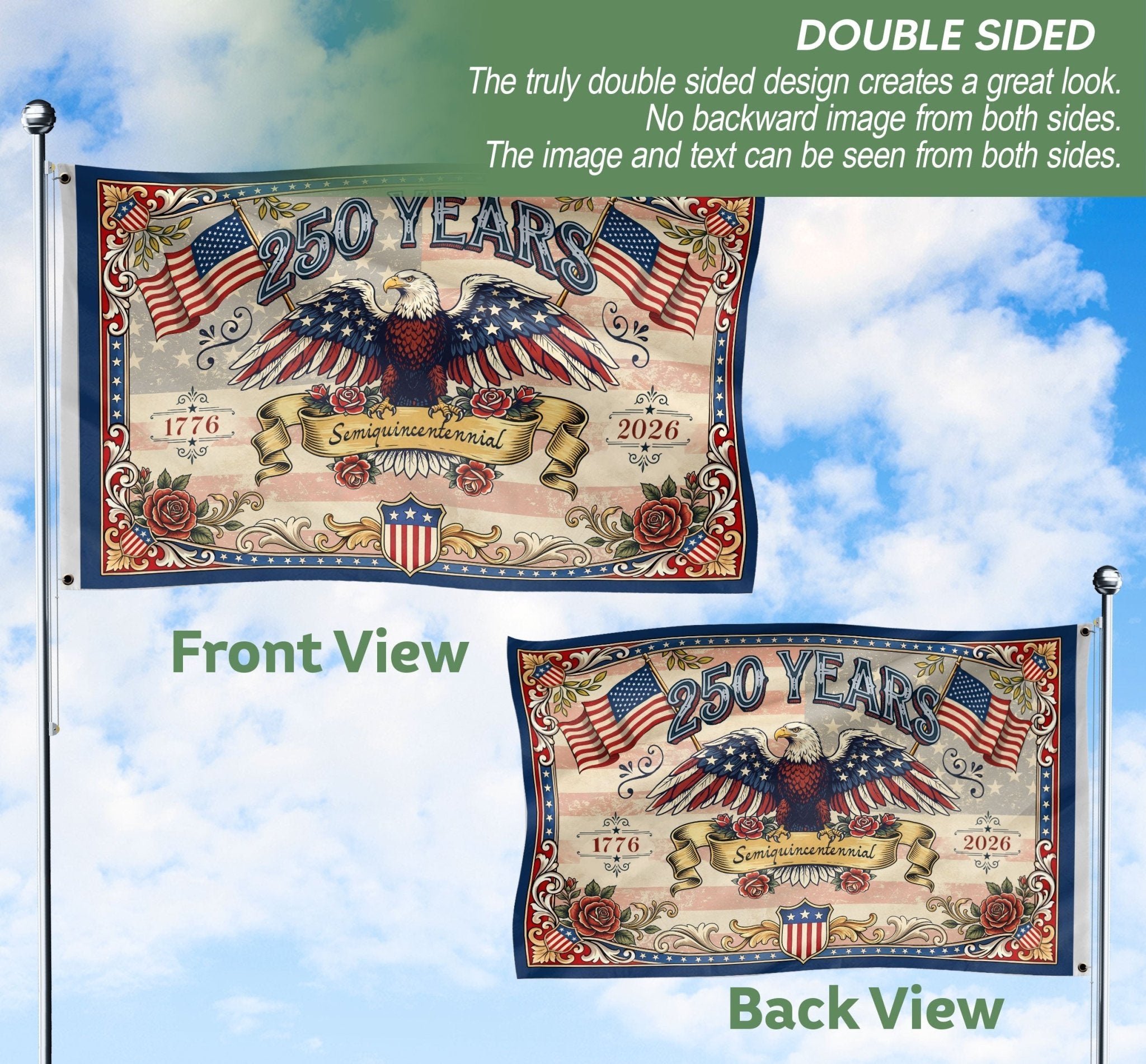 USA 250 Years Commemorative Flag - Vintage Eagle and Roses Patriotic Outdoor Banner - Rust Field Wear