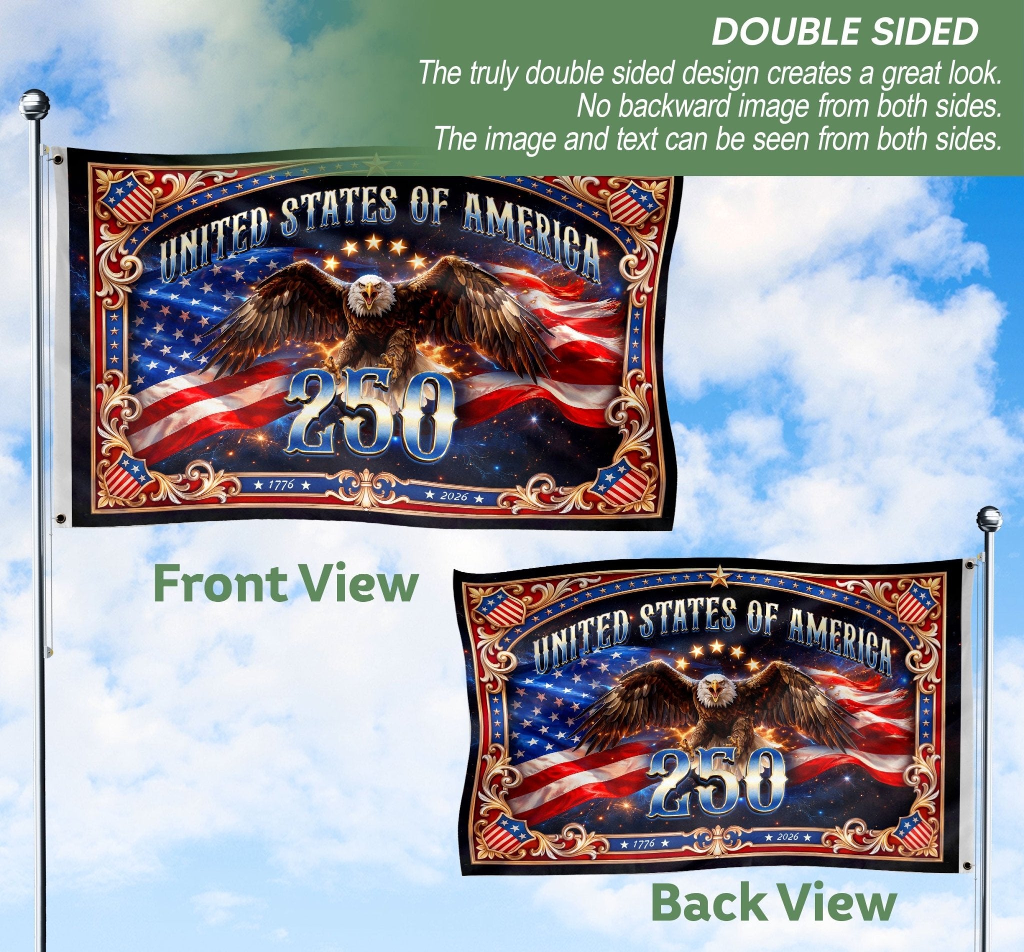 USA 250 Years Patriotic Flag - Majestic Bald Eagle & Stars Outdoor Banner 1776-2026 - Rust Field Wear