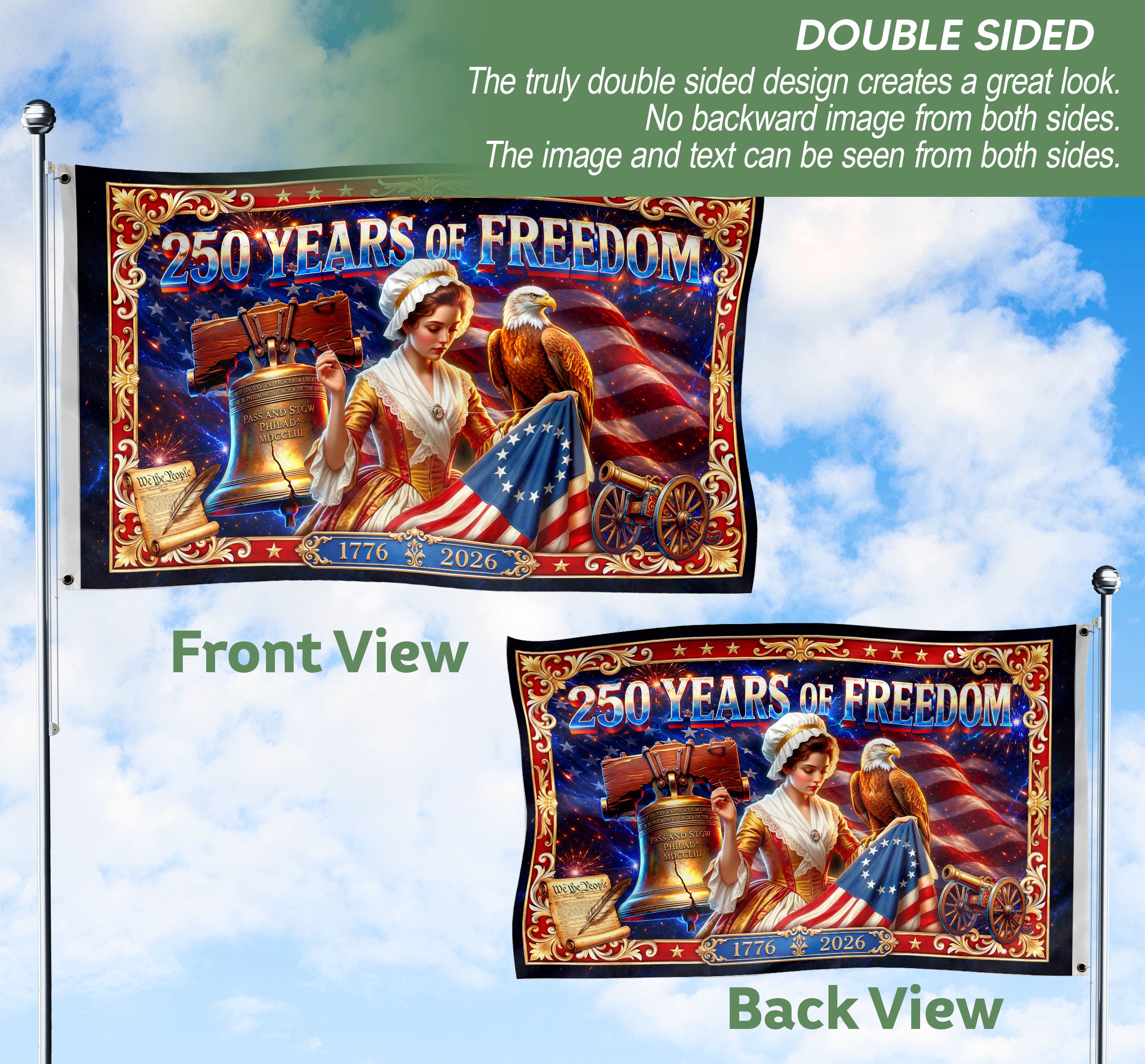 USA 250 Years of Freedom Flag - Betsy Ross & Liberty Bell Patriotic Banner 1776-2026