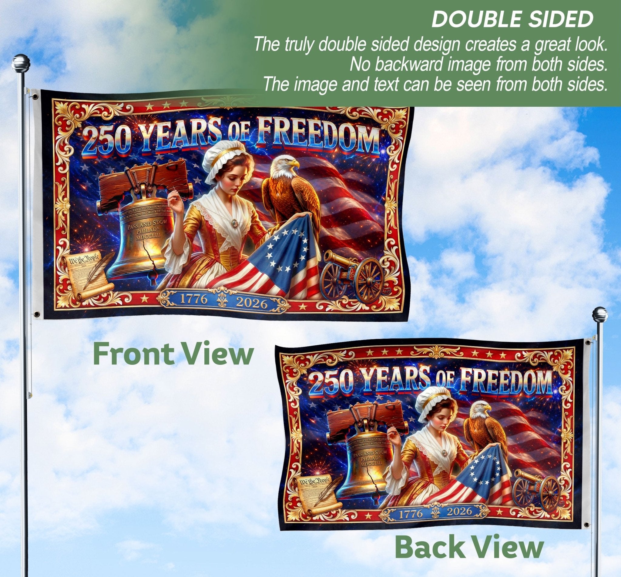 USA 250 Years of Freedom Flag - Betsy Ross & Liberty Bell Patriotic Banner 1776-2026 - Rust Field Wear