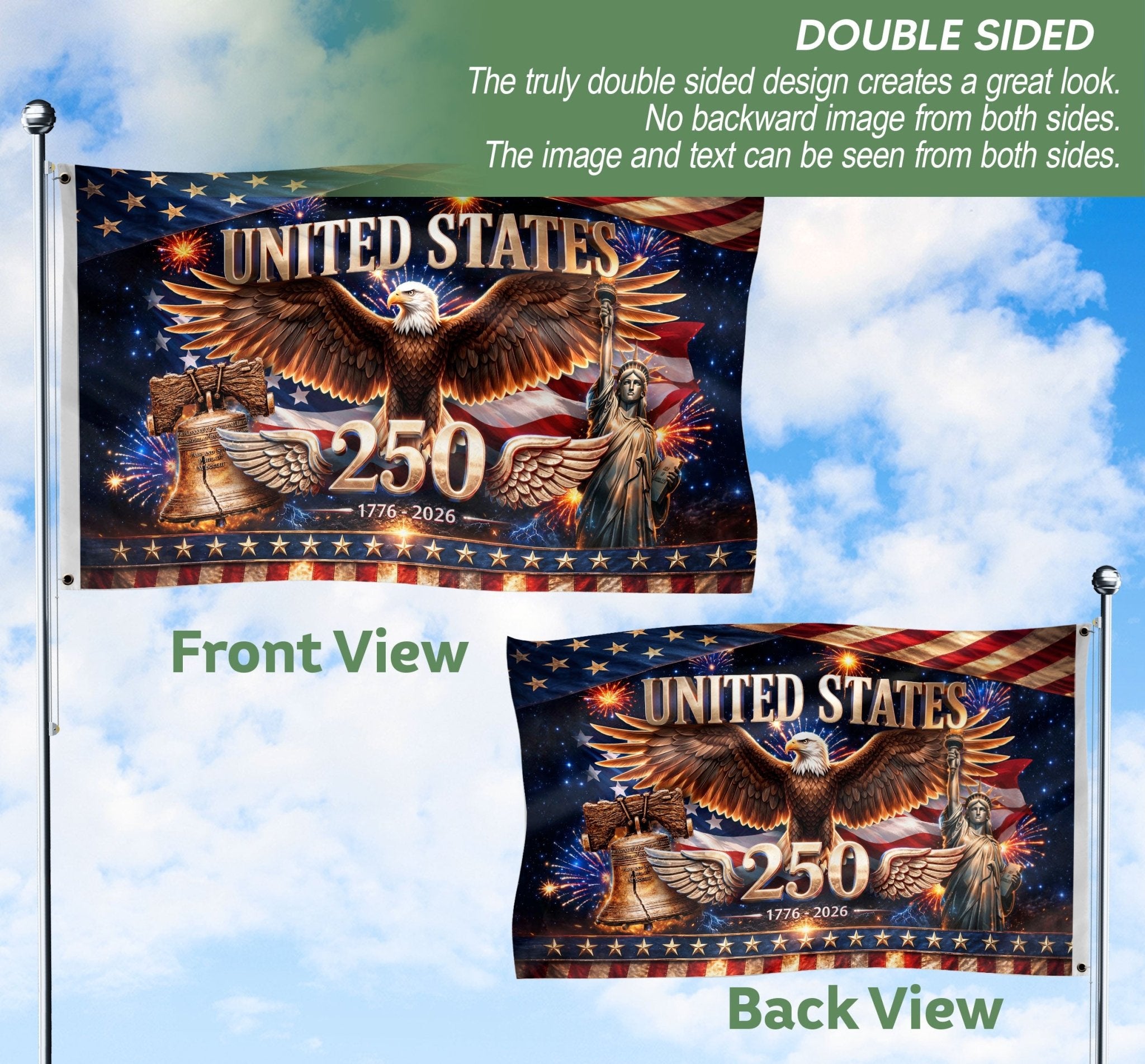 United States 250 Years Flag - Iconic Liberty Bell & Statue of Liberty Patriotic Banner - Rust Field Wear