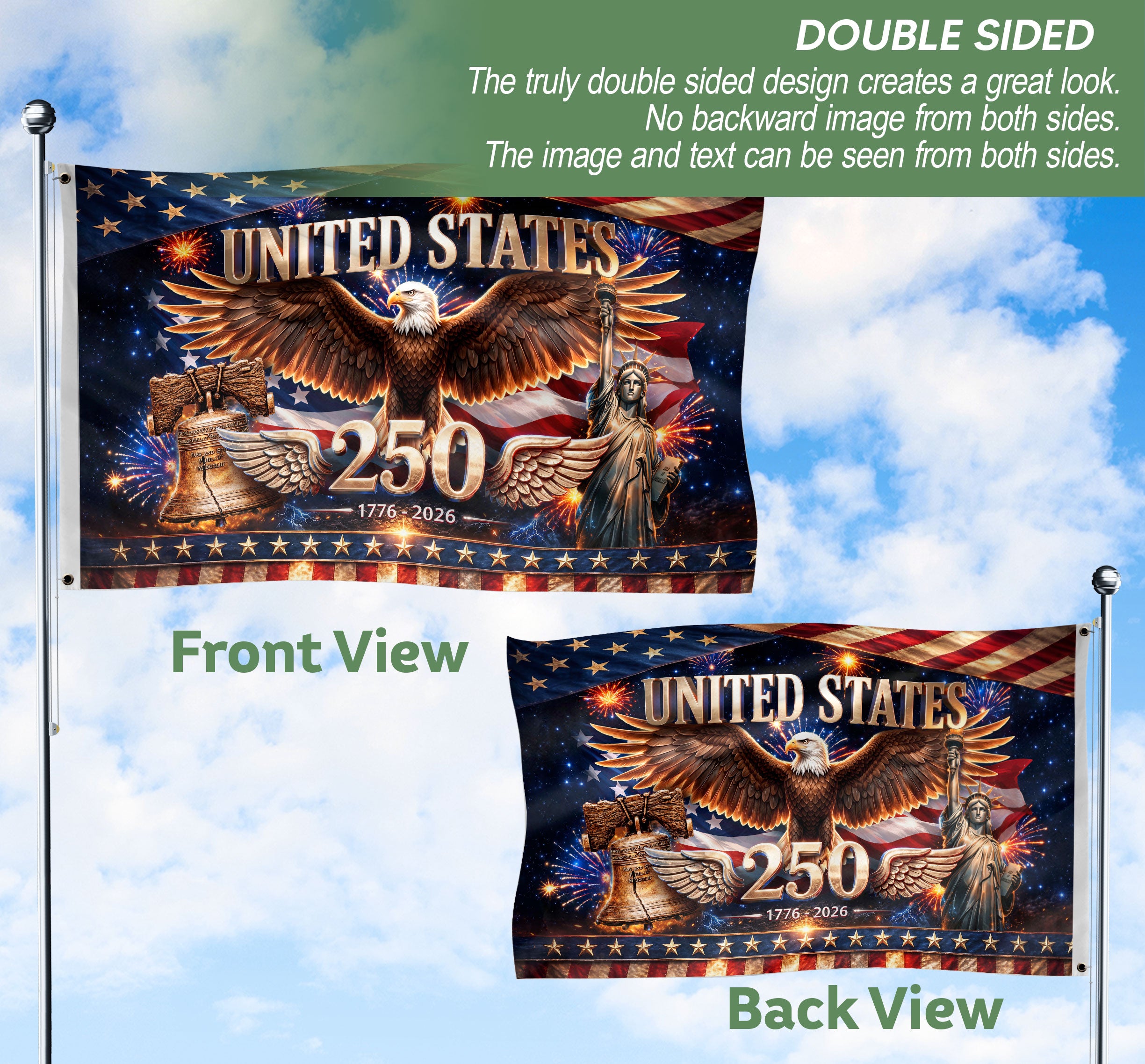 United States 250 Years Flag - Iconic Liberty Bell & Statue of Liberty Patriotic Banner
