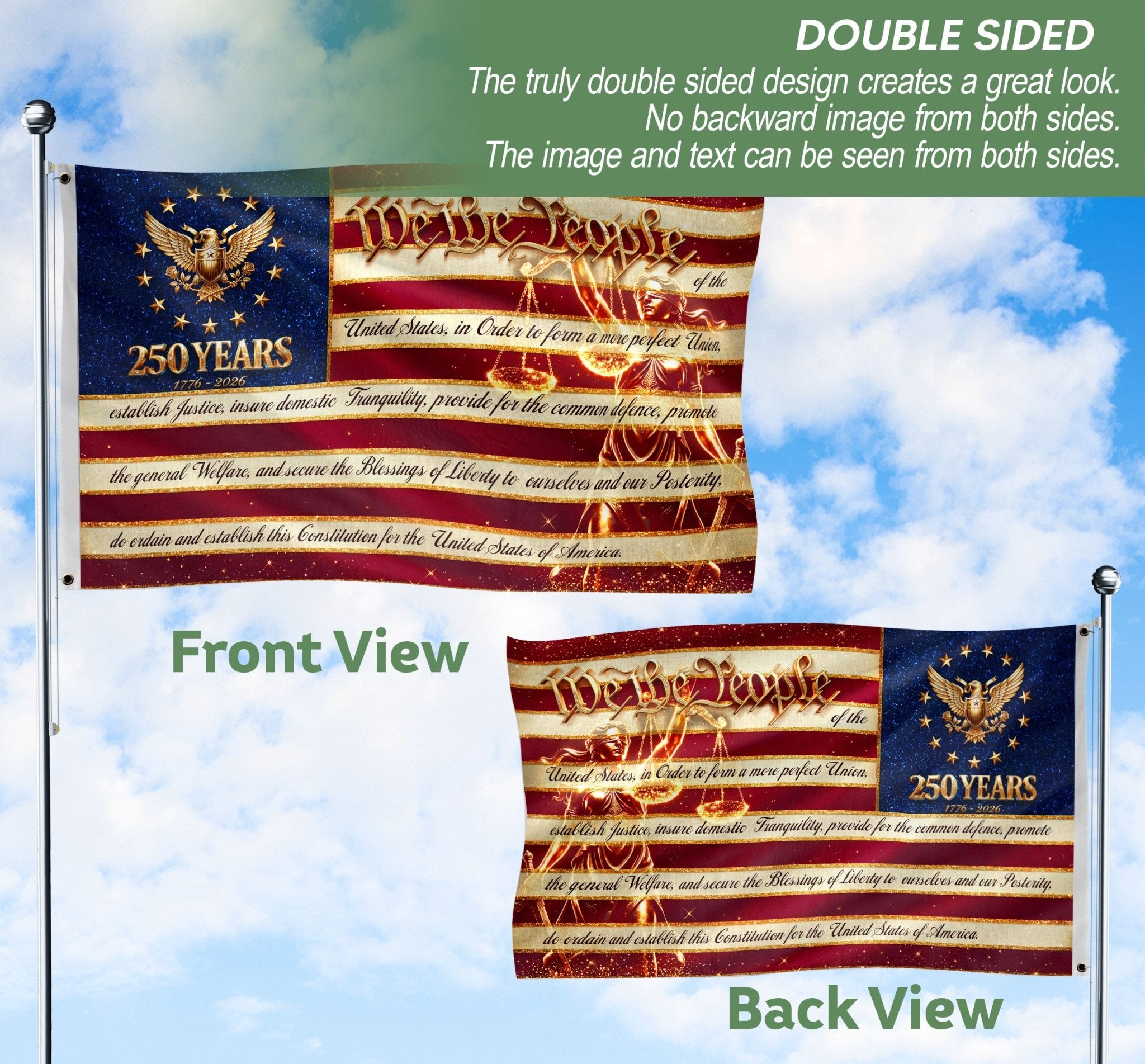 250 Years 1776-2026 American Flag We The People Constitution Preamble Lady Justice Banner - Rust Field Wear
