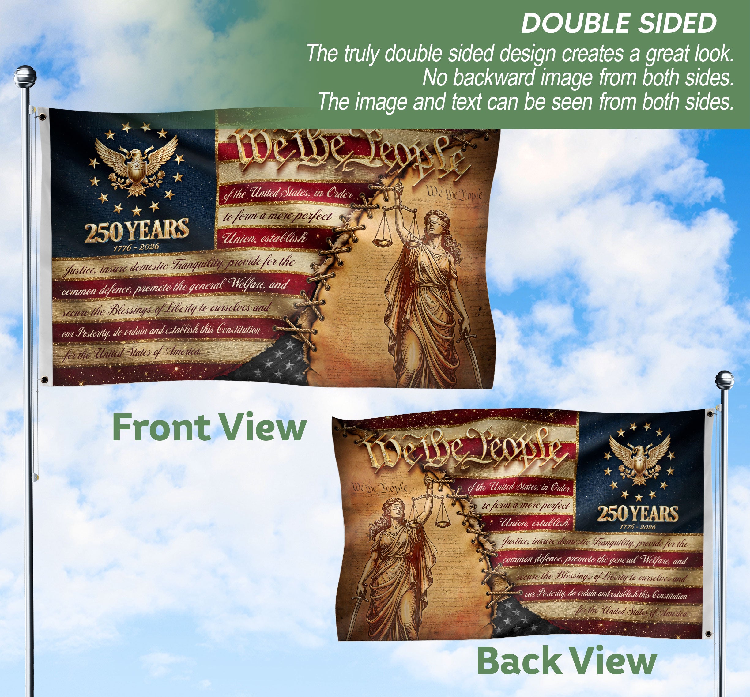 250 Years 1776-2026 Flag We The People Preamble Constitution Lady Justice Patriotic Banner