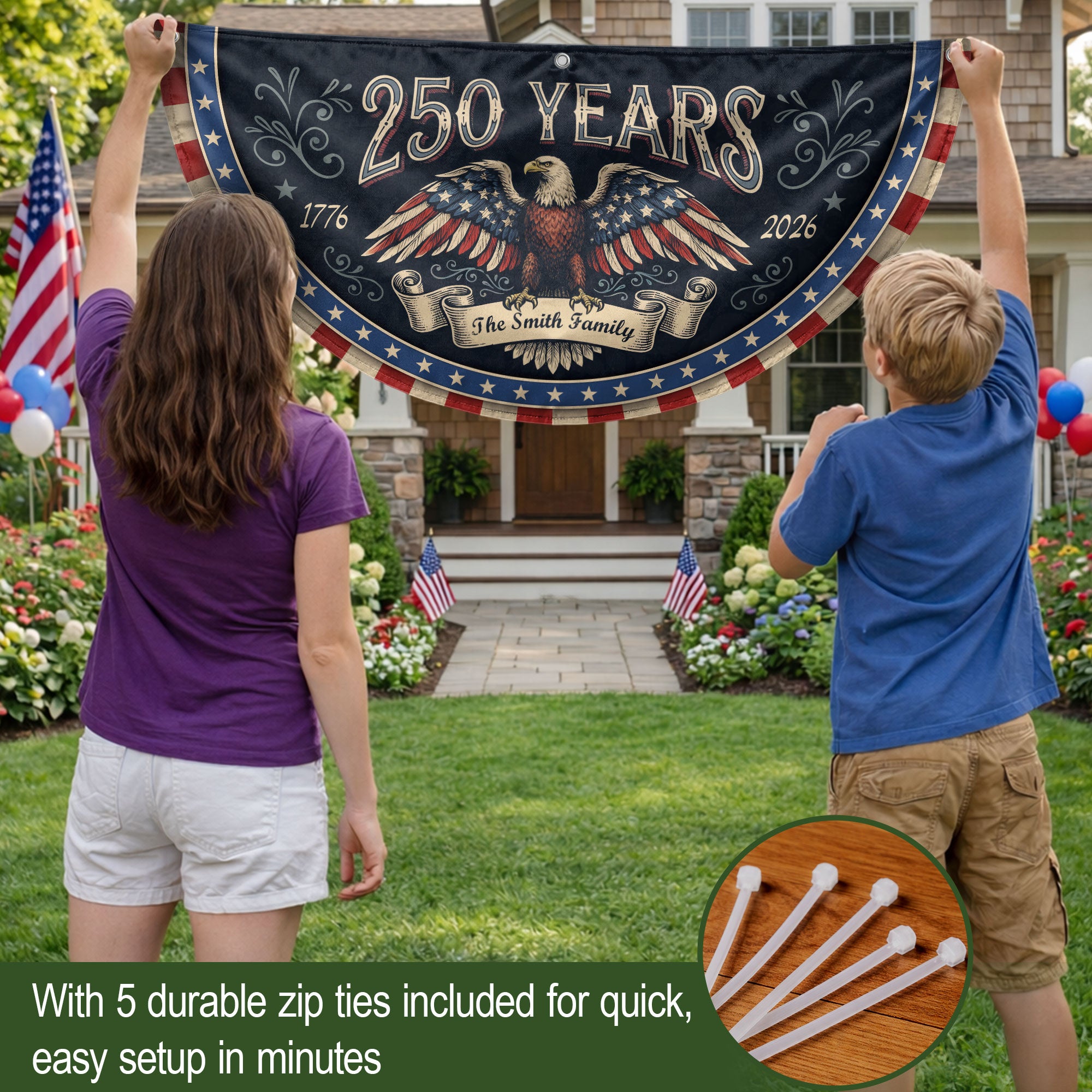 250 Years 1776-2026 Patriotic Fence Flag - Custom Family Name Eagle Outdoor Banner