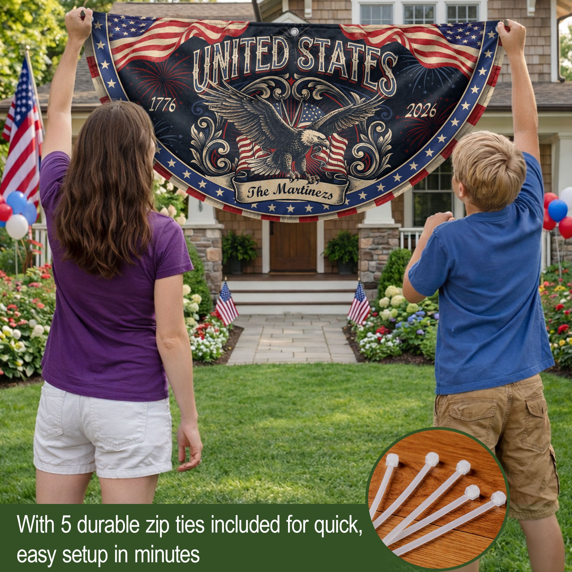 Custom Family Name United States 1776-2026 Patriot Eagle Bunting Fence Flag Banner