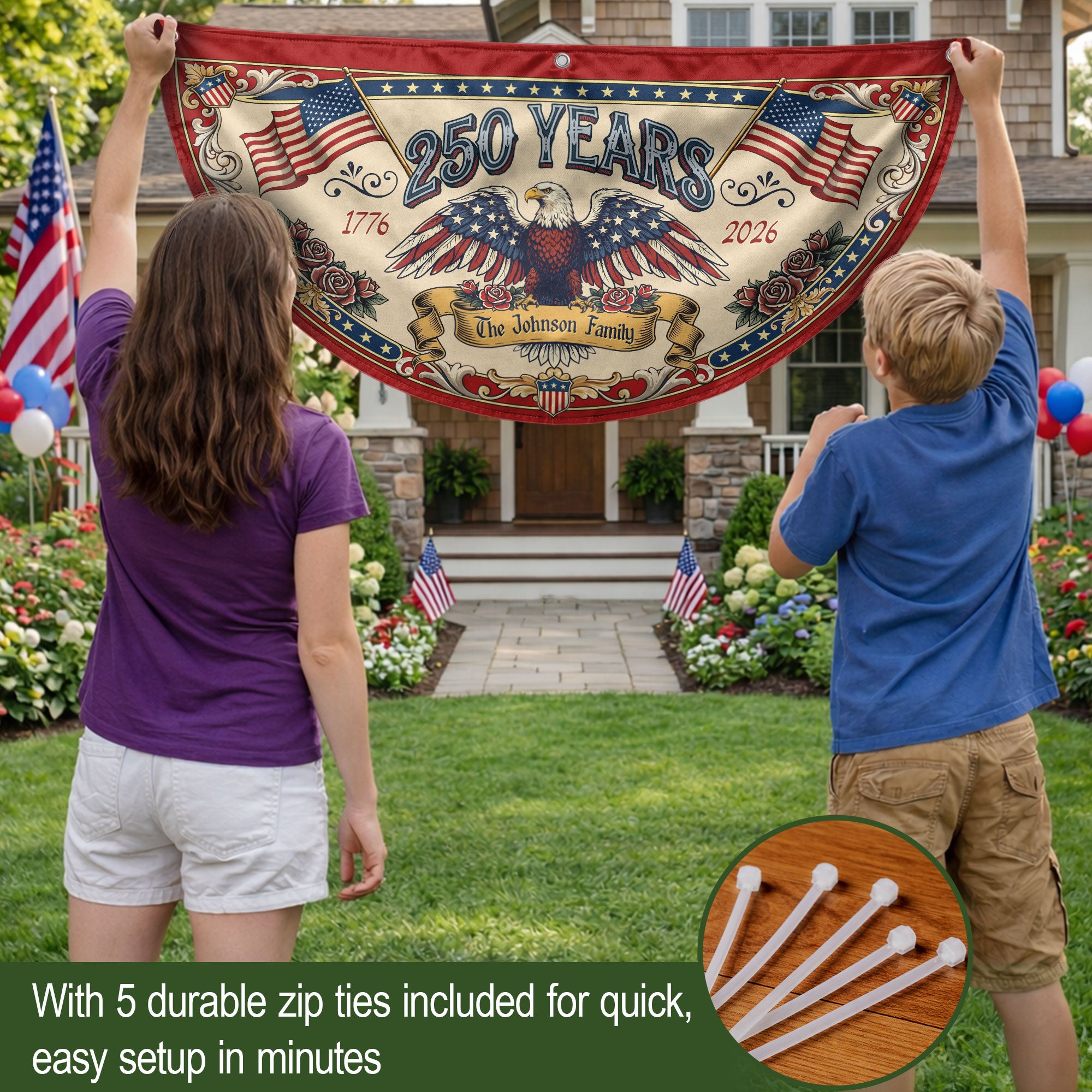250 Years 1776-2026 American Anniversary Fence Flag - Custom Family Name Patriot Bunting