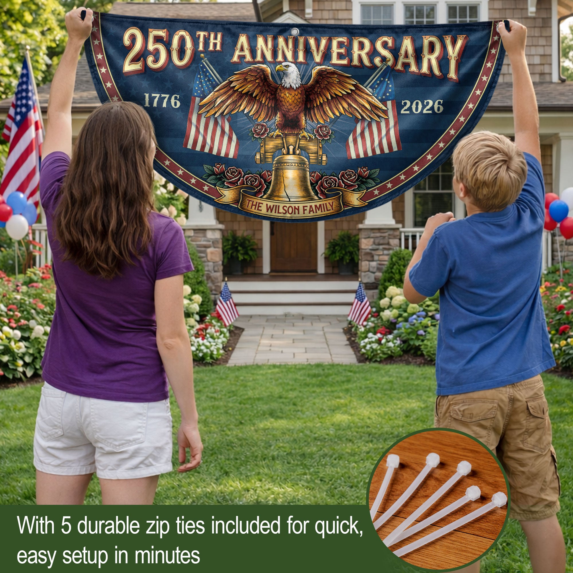 250th Anniversary 1776-2026 Liberty Bell Custom Family Name Patriot Fence Flag Banner