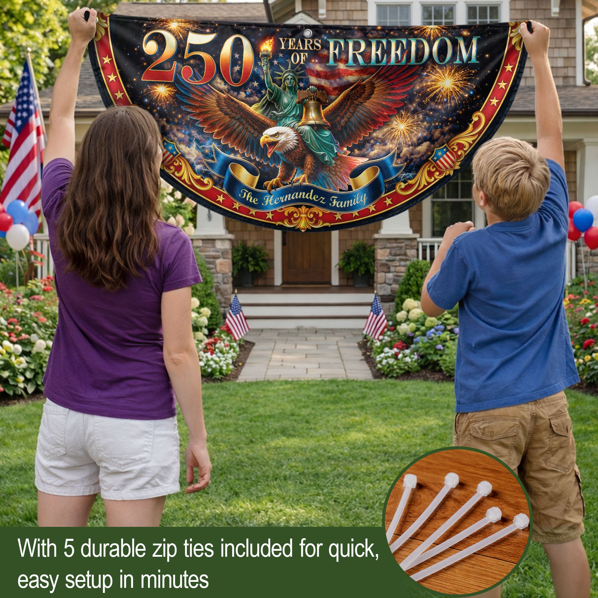250 Years of Freedom Custom Family Name Patriot Fence Flag - Outdoor Bunting Banner