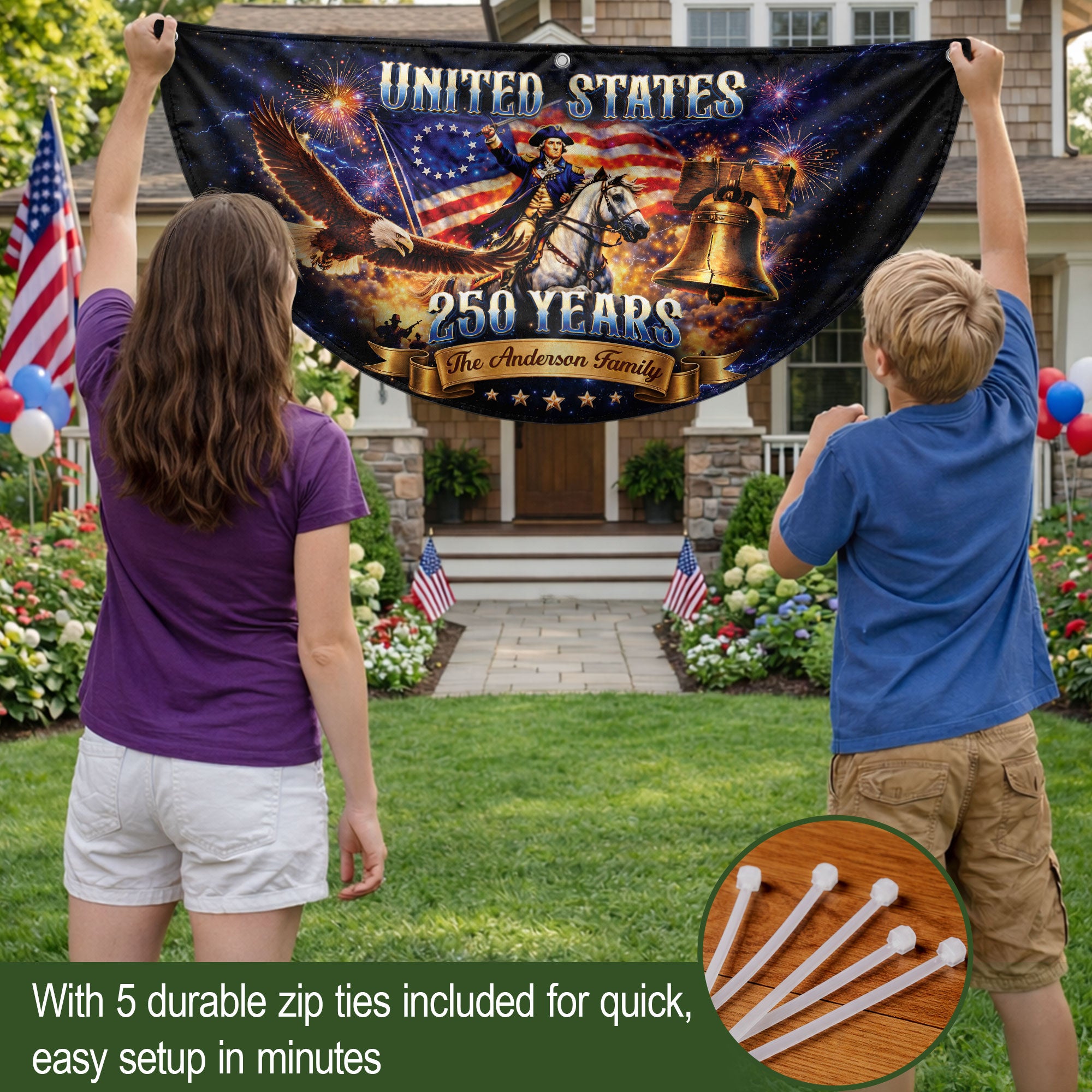 Custom Family Name United States 250 Years George Washington Patriot Eagle Fence Flag