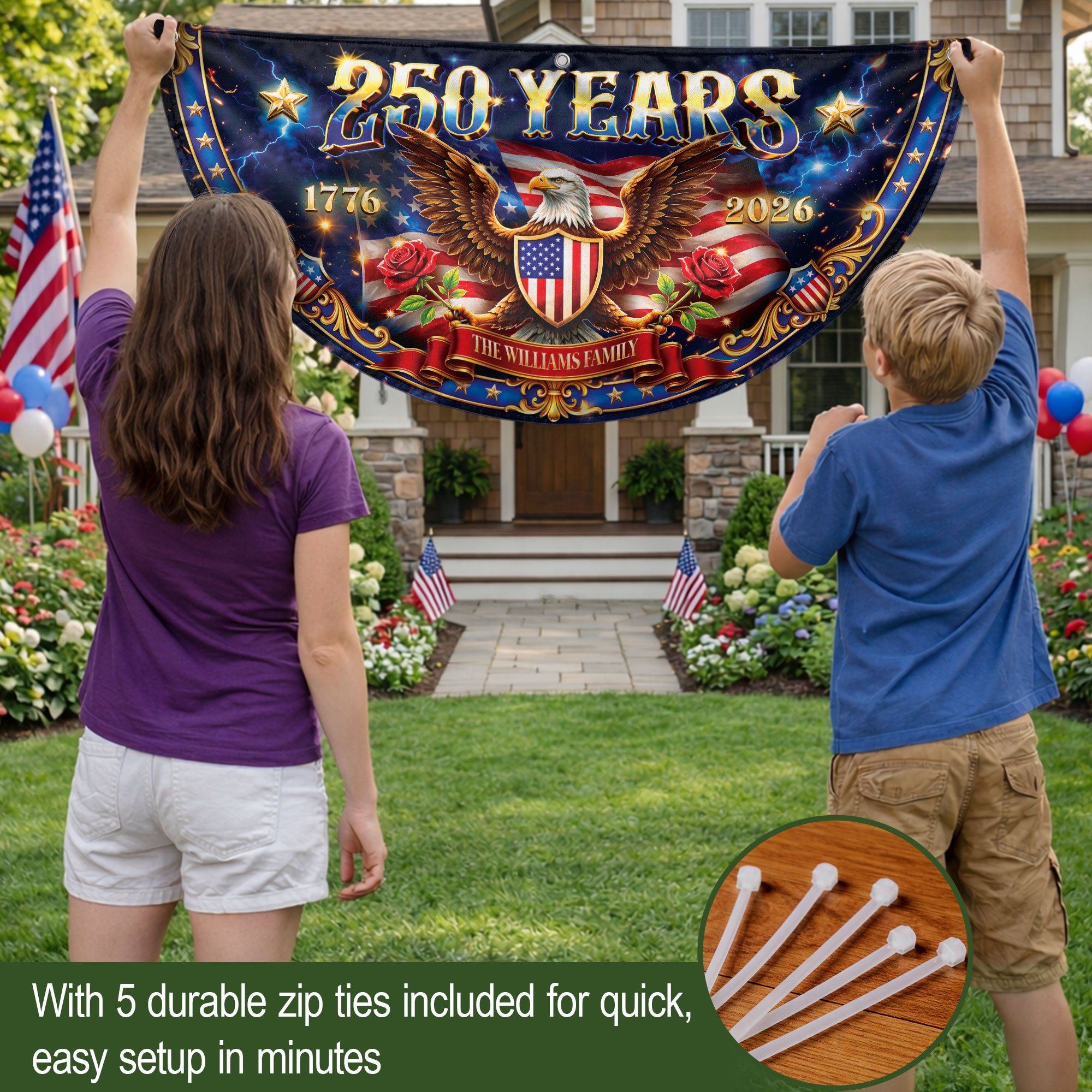 250 Years 1776-2026 Custom Family Name Patriot Eagle Shield Fence Flag Bunting Banner