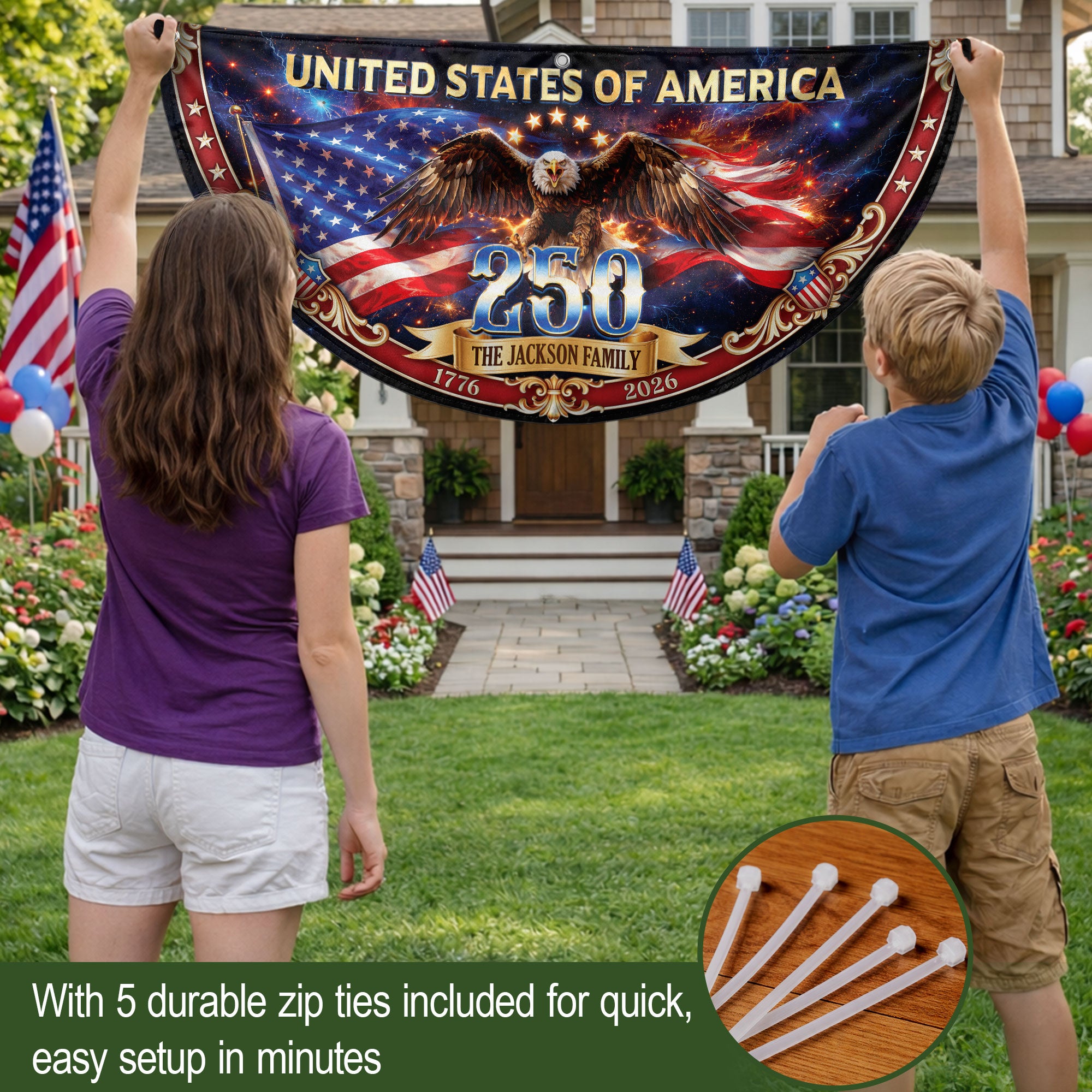 United States 250 Years Custom Family Name Fence Flag - 1776-2026 Patriot Bunting Decor
