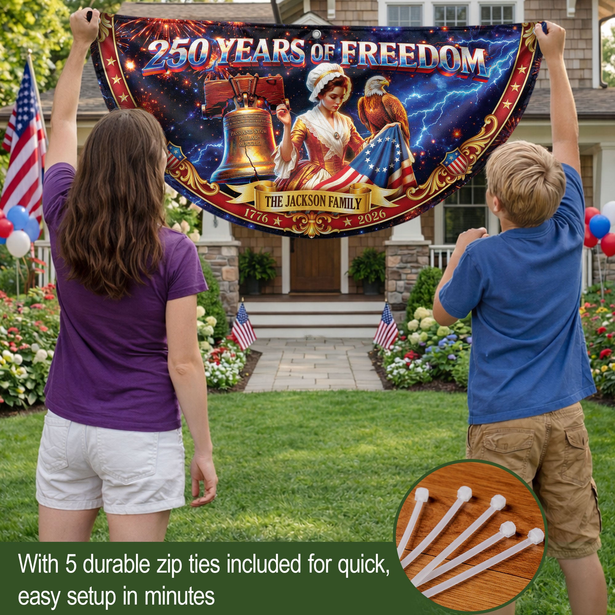 Custom Family Name 250 Years of Freedom Betsy Ross Patriot 1776-2026 Fence Flag Banner