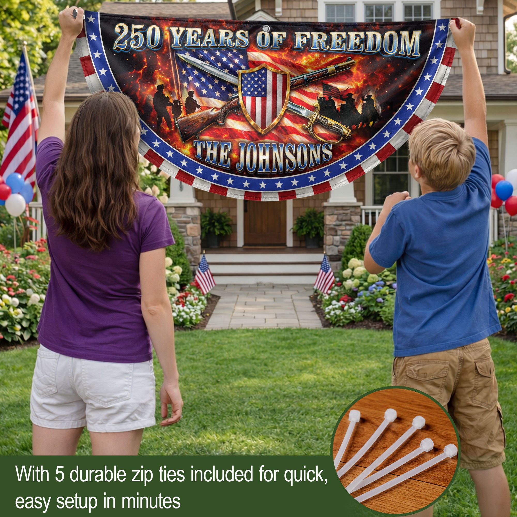 Custom Family Name 250 Years of Freedom Patriot Shield 1776-2026 Bunting Fence Flag