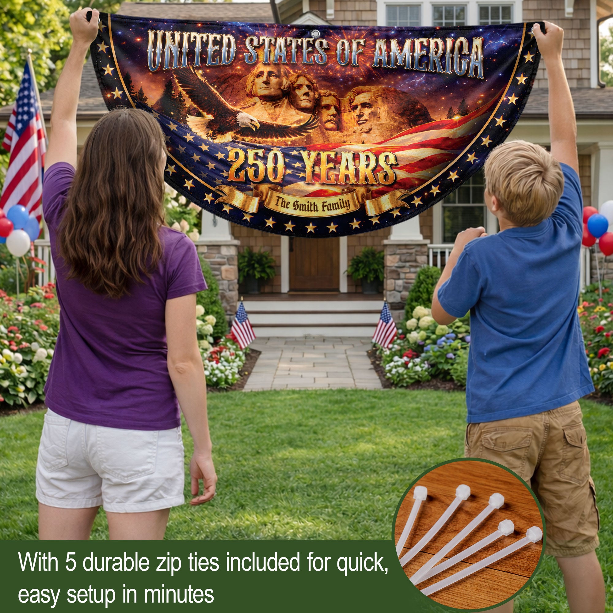Custom Family Name United States 250 Years Mount Rushmore Patriot Bunting Fence Flag