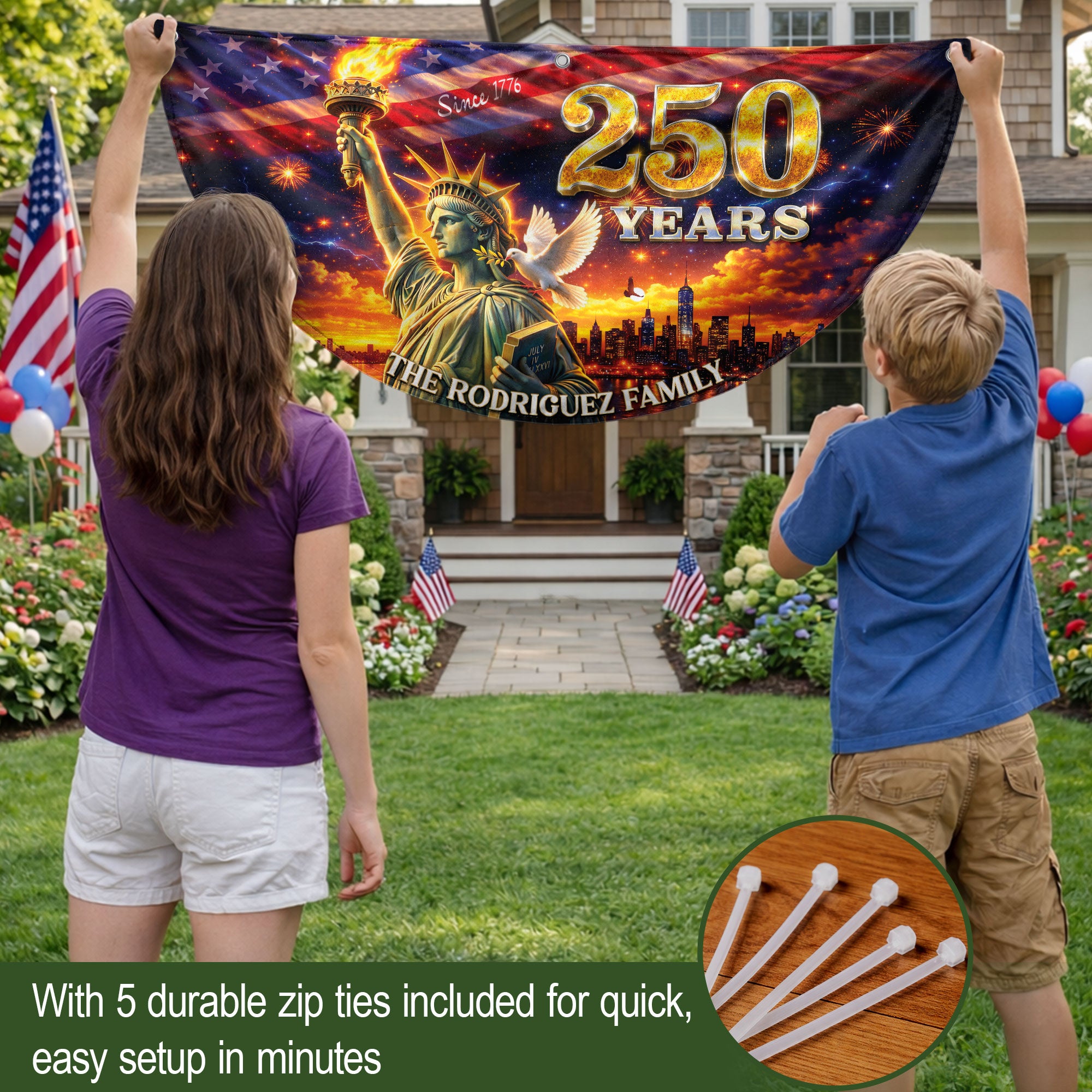 Custom Family Name 250 Years United States Statue of Liberty Patriot Bunting Fence Flag
