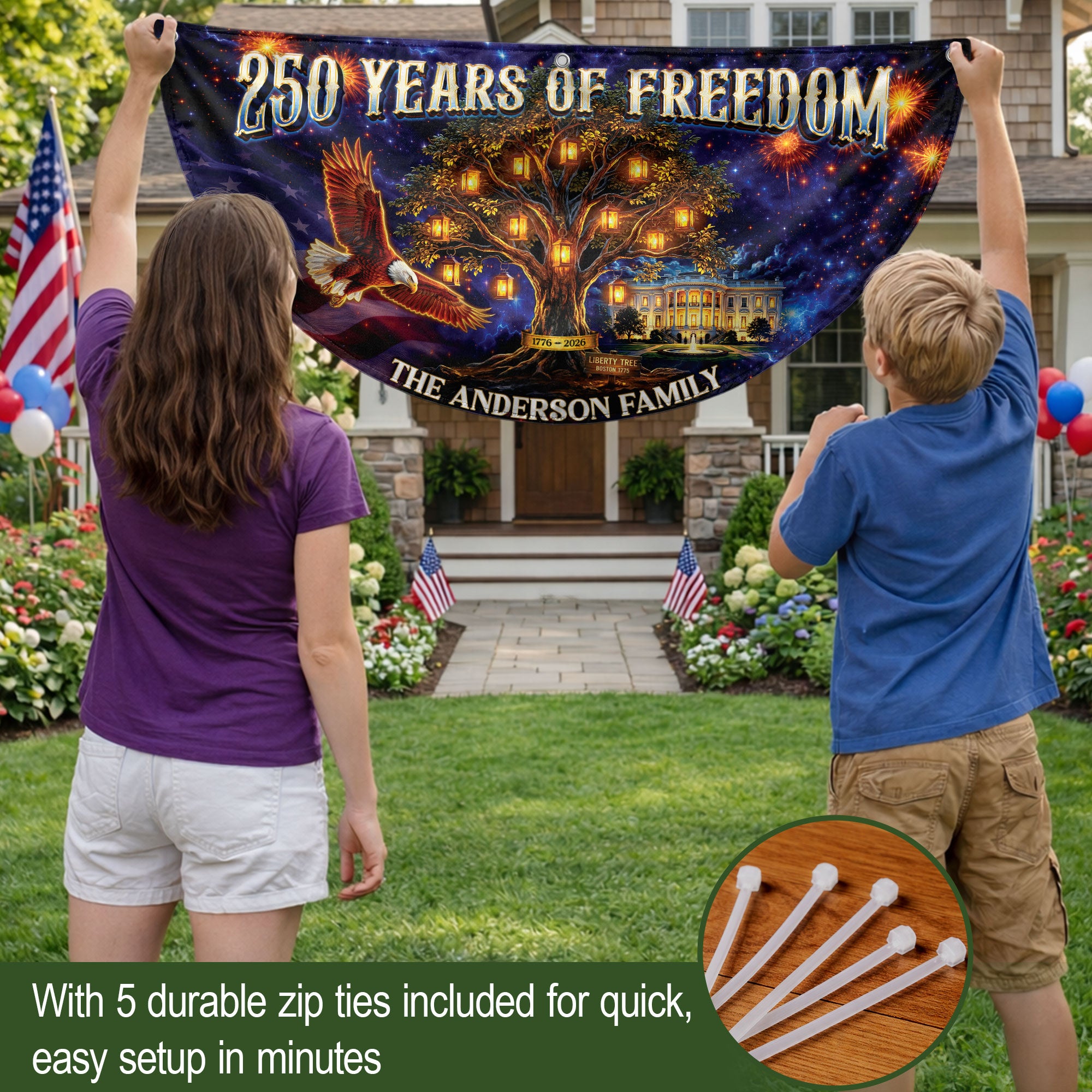 Custom Family Name 250 Years of Freedom Liberty Tree 1776-2026 Patriot Fence Flag Banner