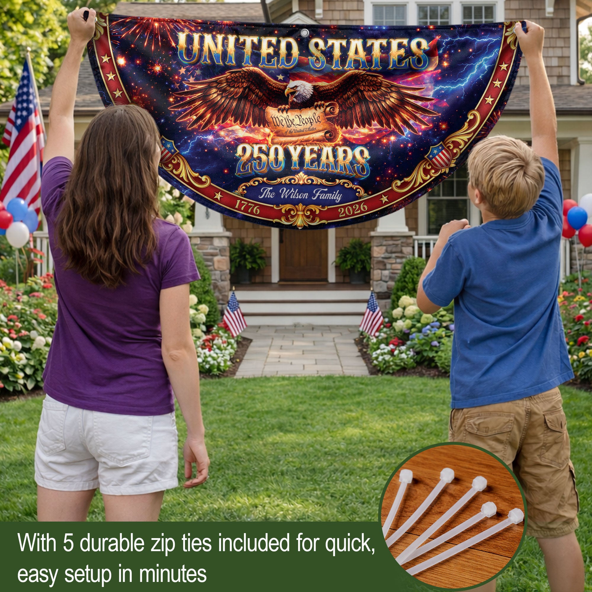 Custom Family Name 250 Years United States Patriot Eagle 1776-2026 Fence Flag Banner