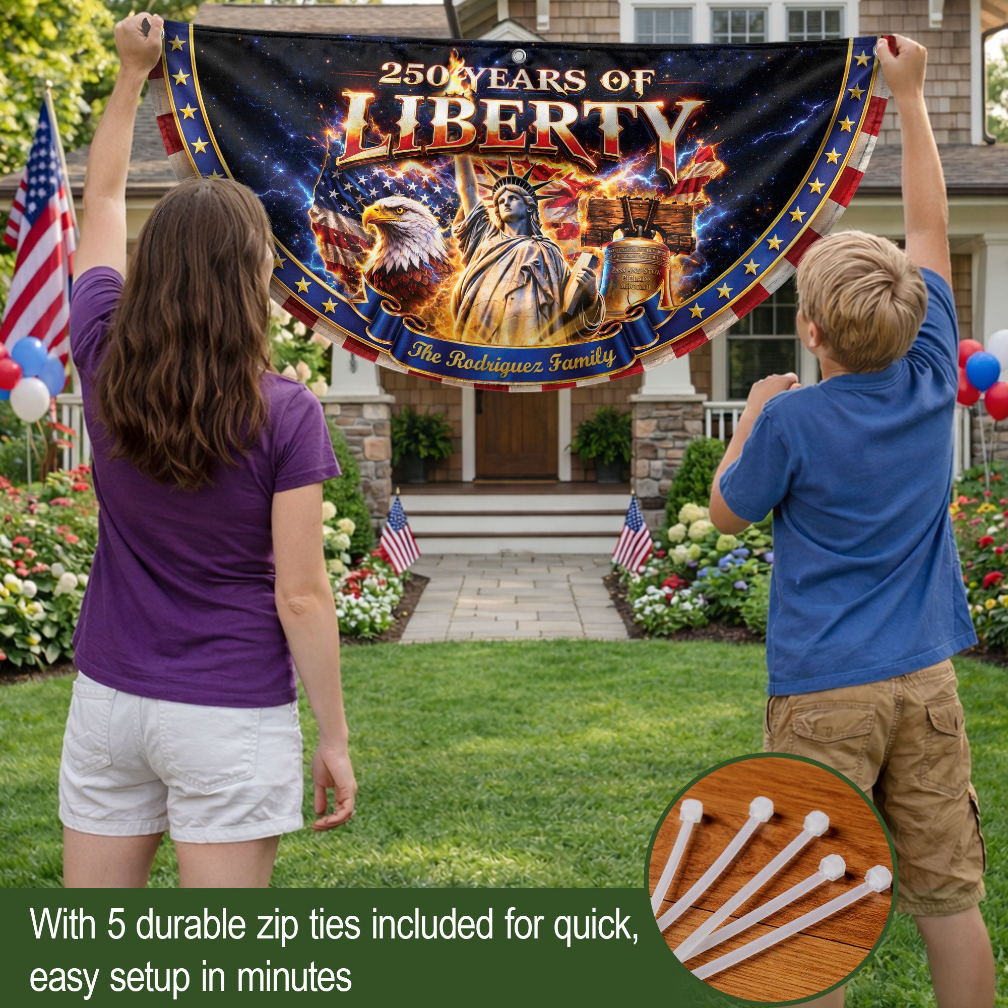 United States 250 Years Custom Family Name Fence Flag - 1776-2026 Patriot Liberty Decor