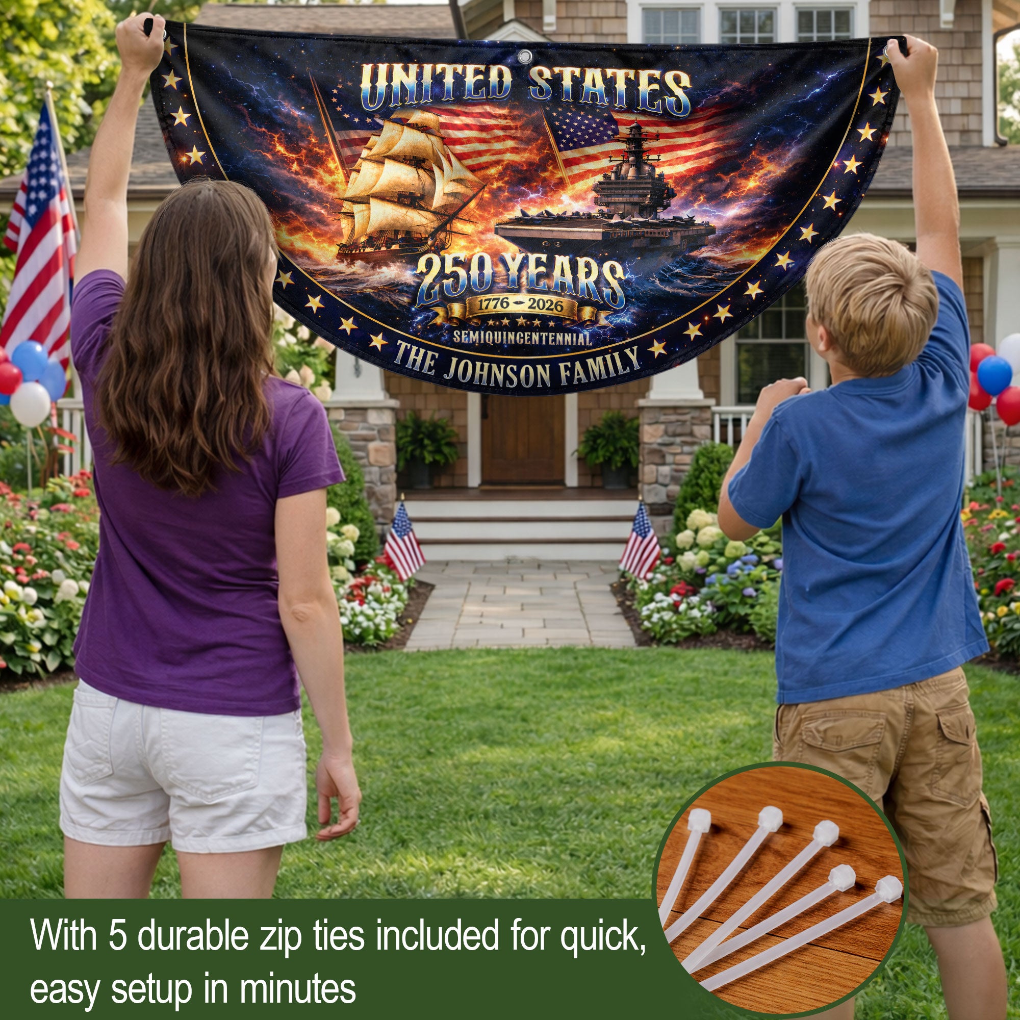 United States 250 Years Custom Family Name Fence Flag - 1776-2026 Patriot Navy Bunting