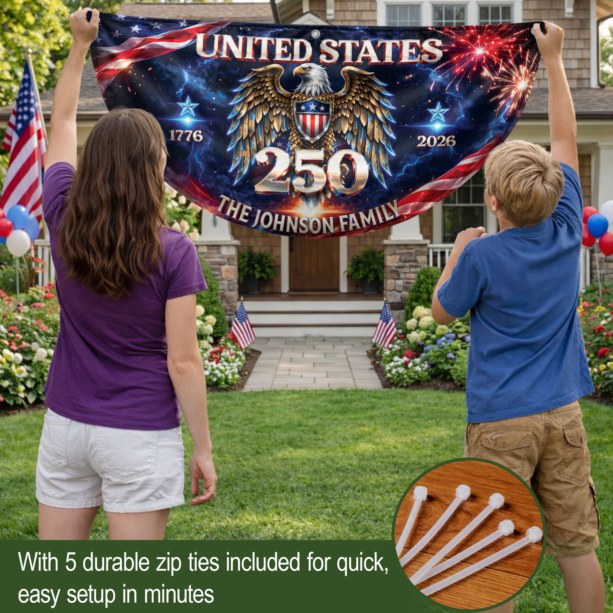 Custom Family Name United States 250 Years Patriot Eagle 1776-2026 Bunting Fence Flag