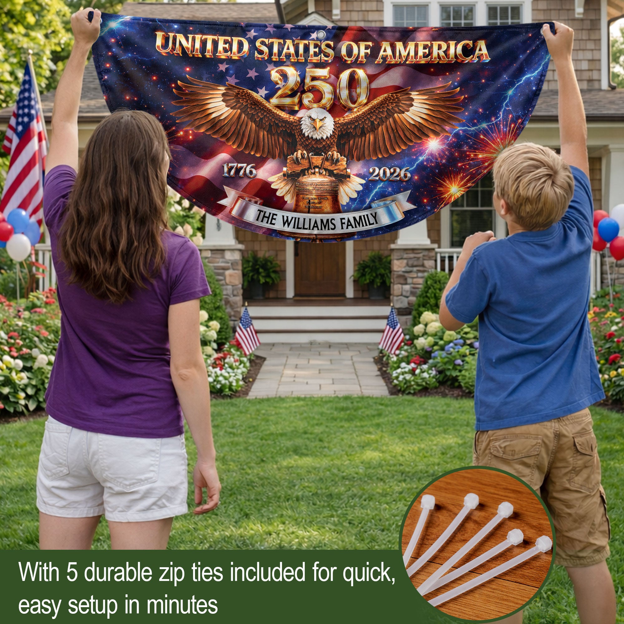 Personalized Family Name 1776-2026 United States Patriot Eagle Liberty Bell Fence Flag