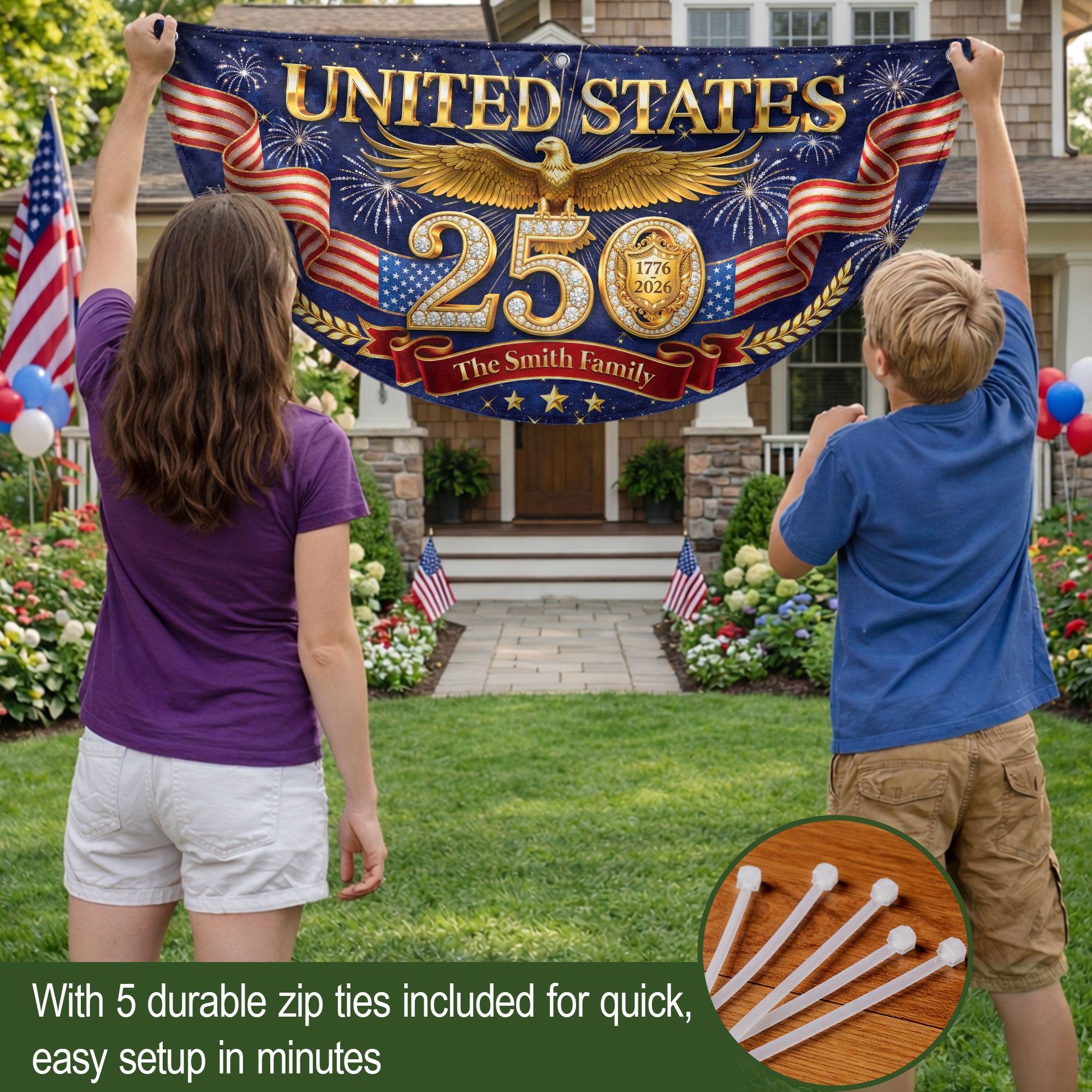 Custom Family Name 250th Anniversary USA Fence Flag Patriotic Golden Eagle Liberty Bell 1776-2026