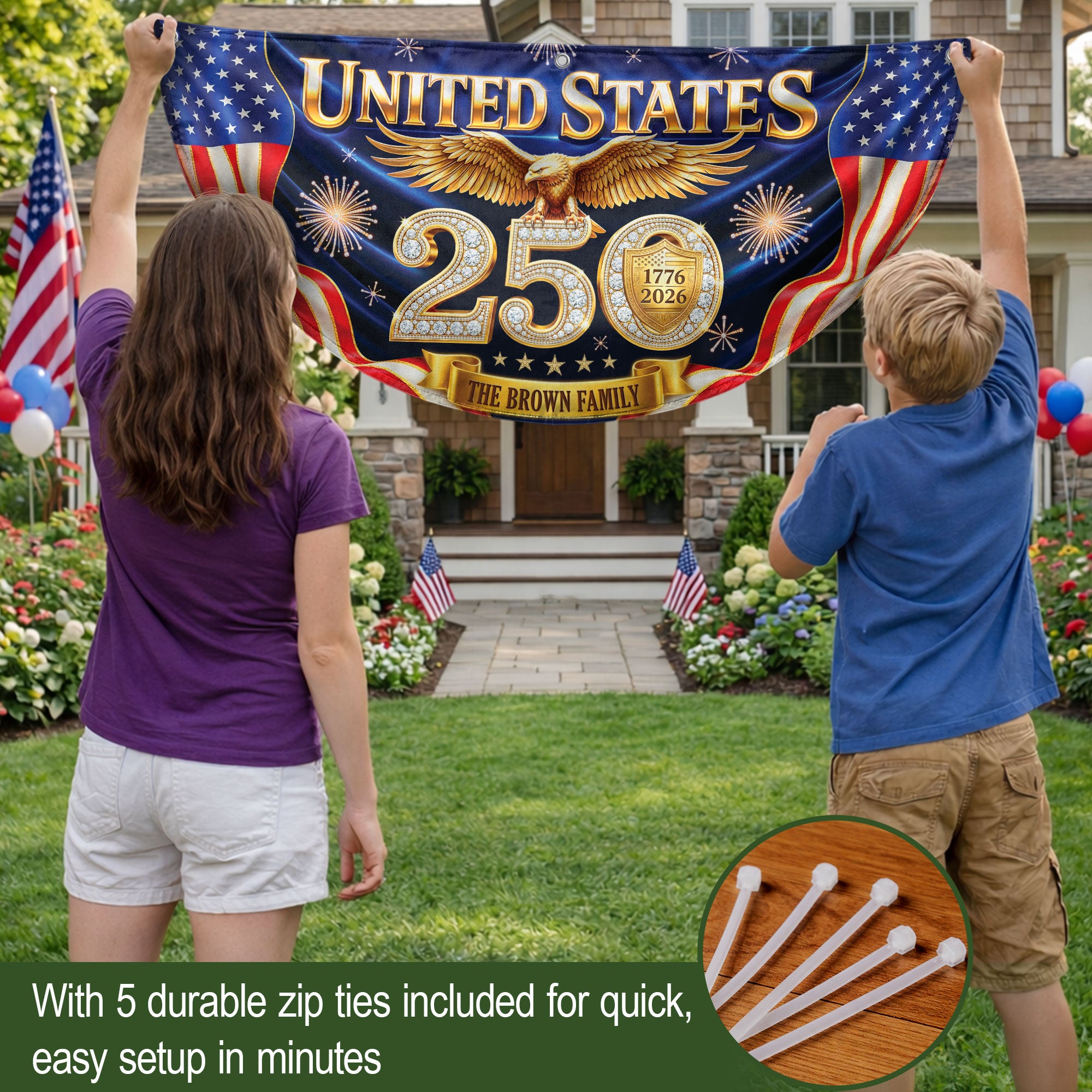 Custom Family Name United States 250 Years Patriot Golden Eagle 1776-2026 Fence Flag