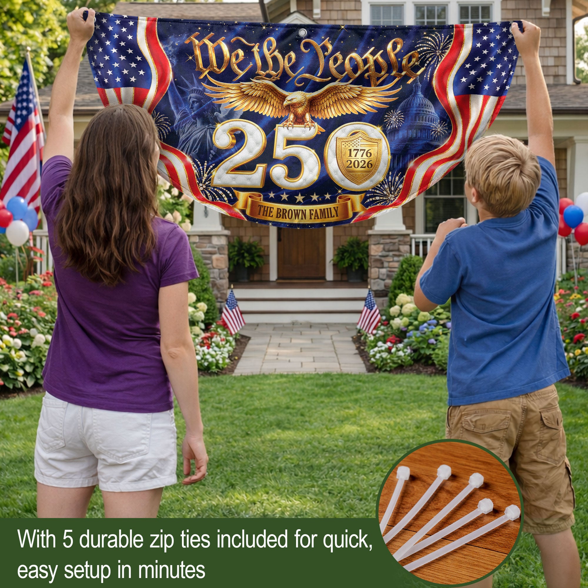 250th Anniversary USA Fence Flag We The People Eagle 1776-2026 Custom Family Name Banner