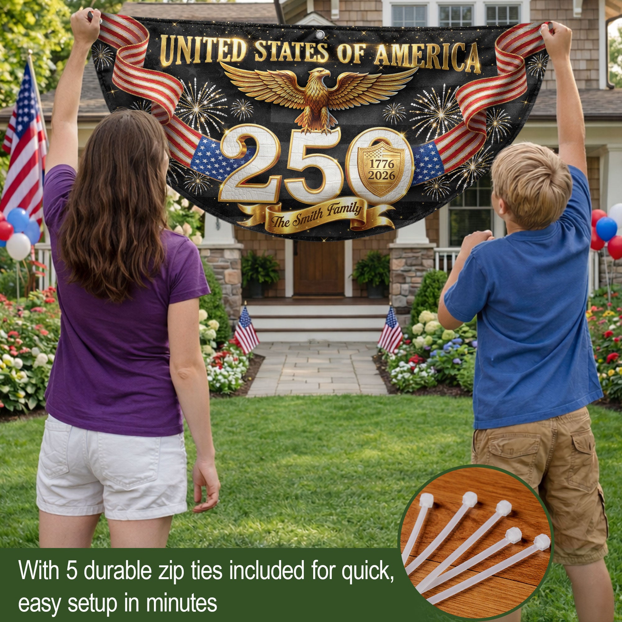 Personalized Family Name 1776-2026 United States Patriot Eagle Gold 250th Fence Flag