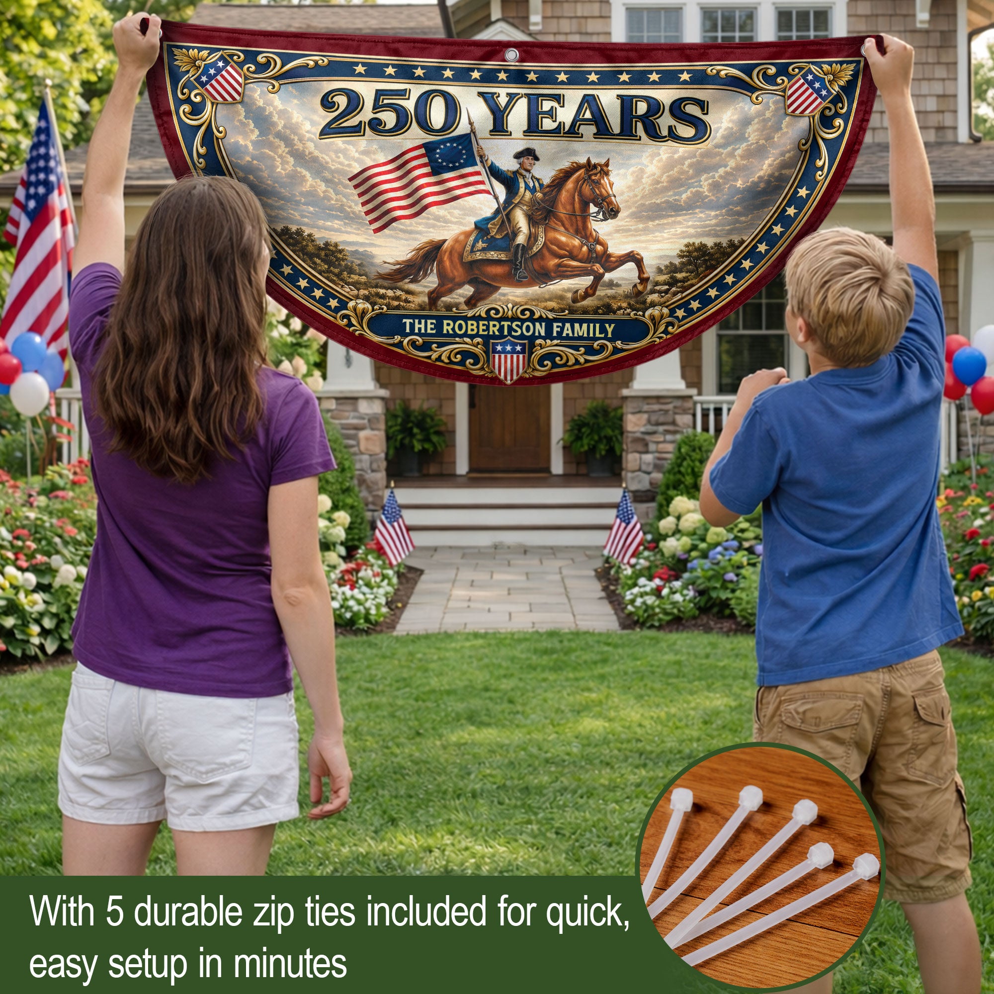 Custom Family Name 250 Years United States George Washington Patriot Bunting Fence Flag