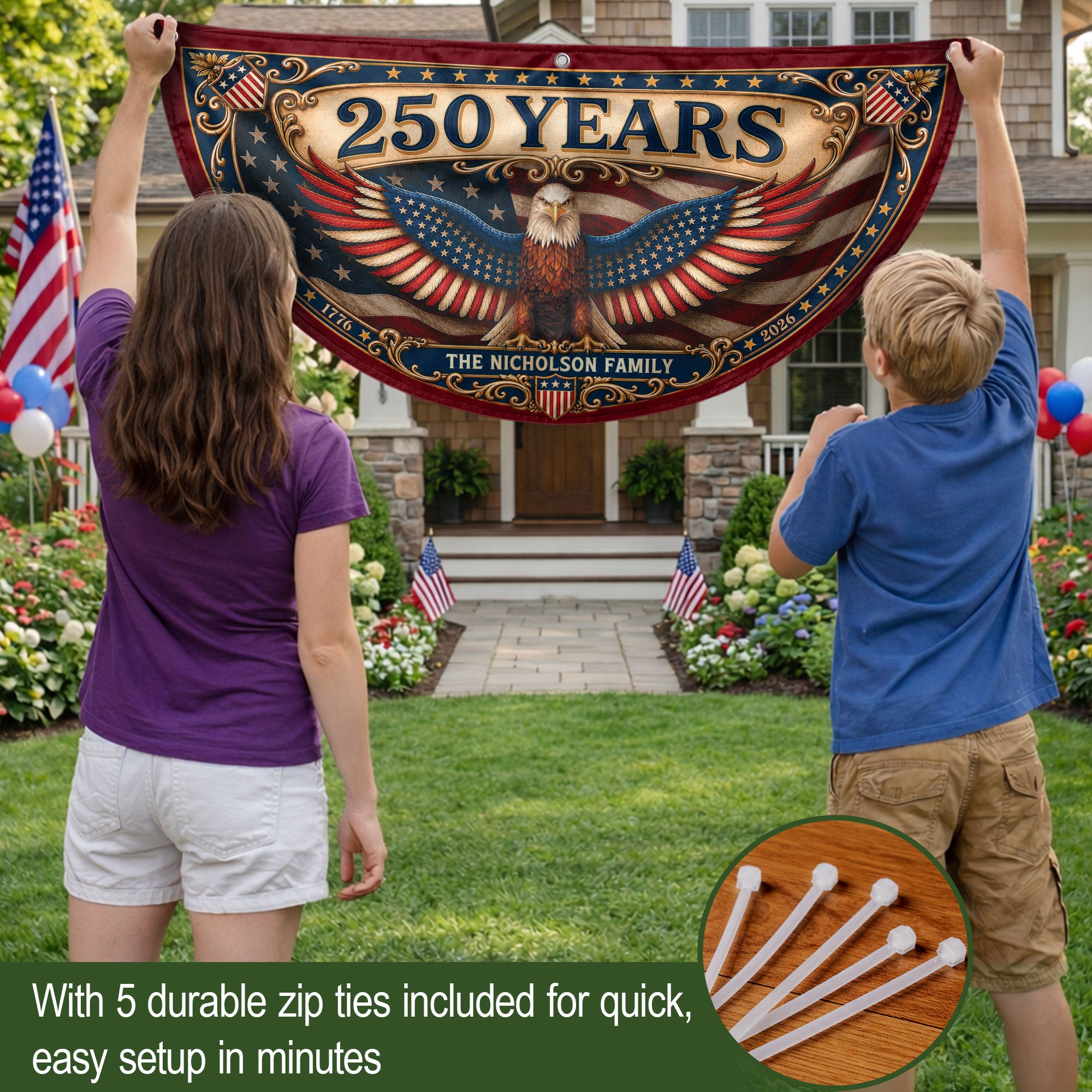 Personalized Family Name 1776-2026 United States Patriot Eagle Wings Bunting Banner