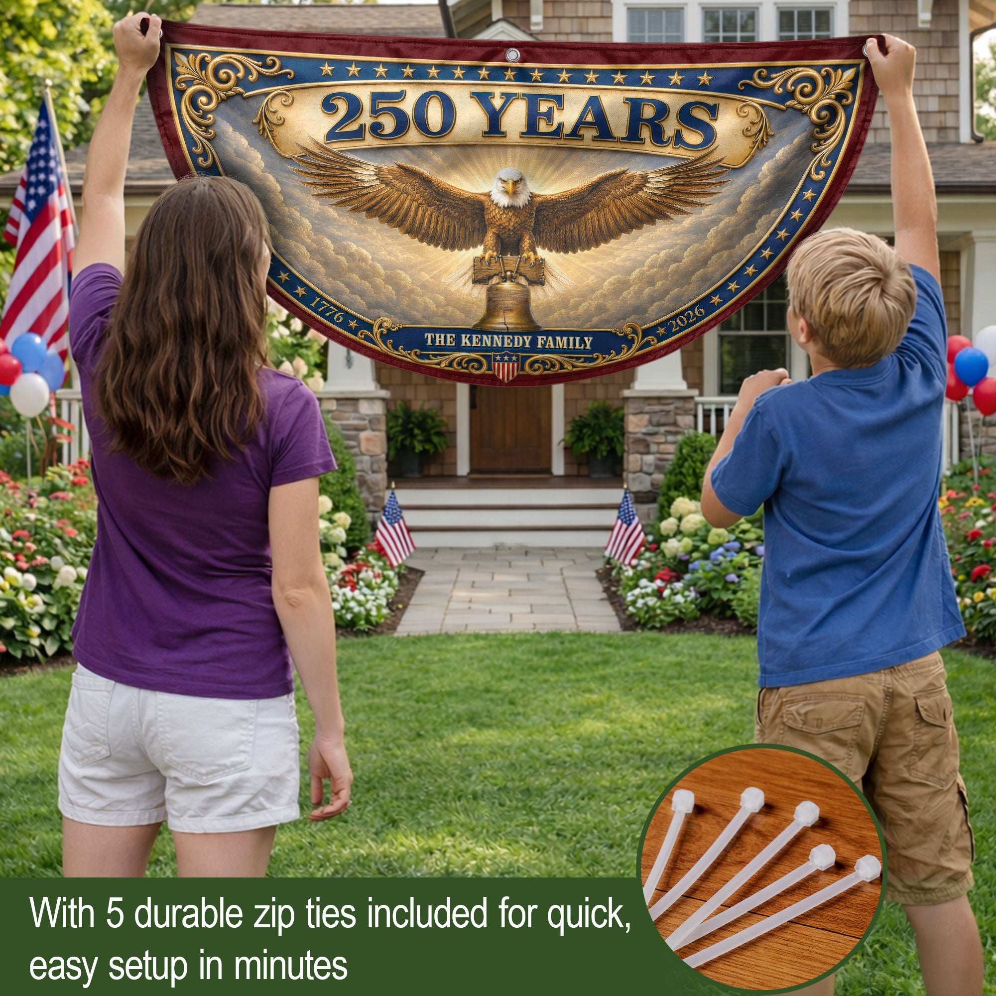 Custom Family Name 250 Years United States Patriot Eagle Liberty Bell Fence Flag