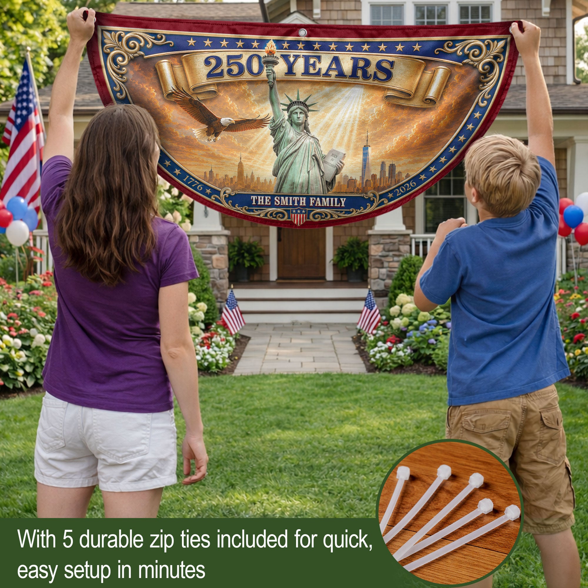 Custom Family Name 250 Years United States Patriot Statue of Liberty Bunting Fence Flag