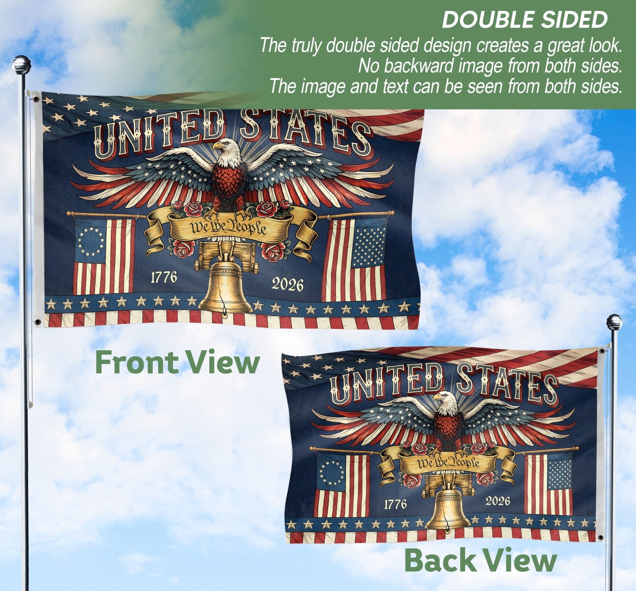 United States 1776-2026 Anniversary Flag Liberty Bell Bald Eagle We The People Banner - Rust Field Wear