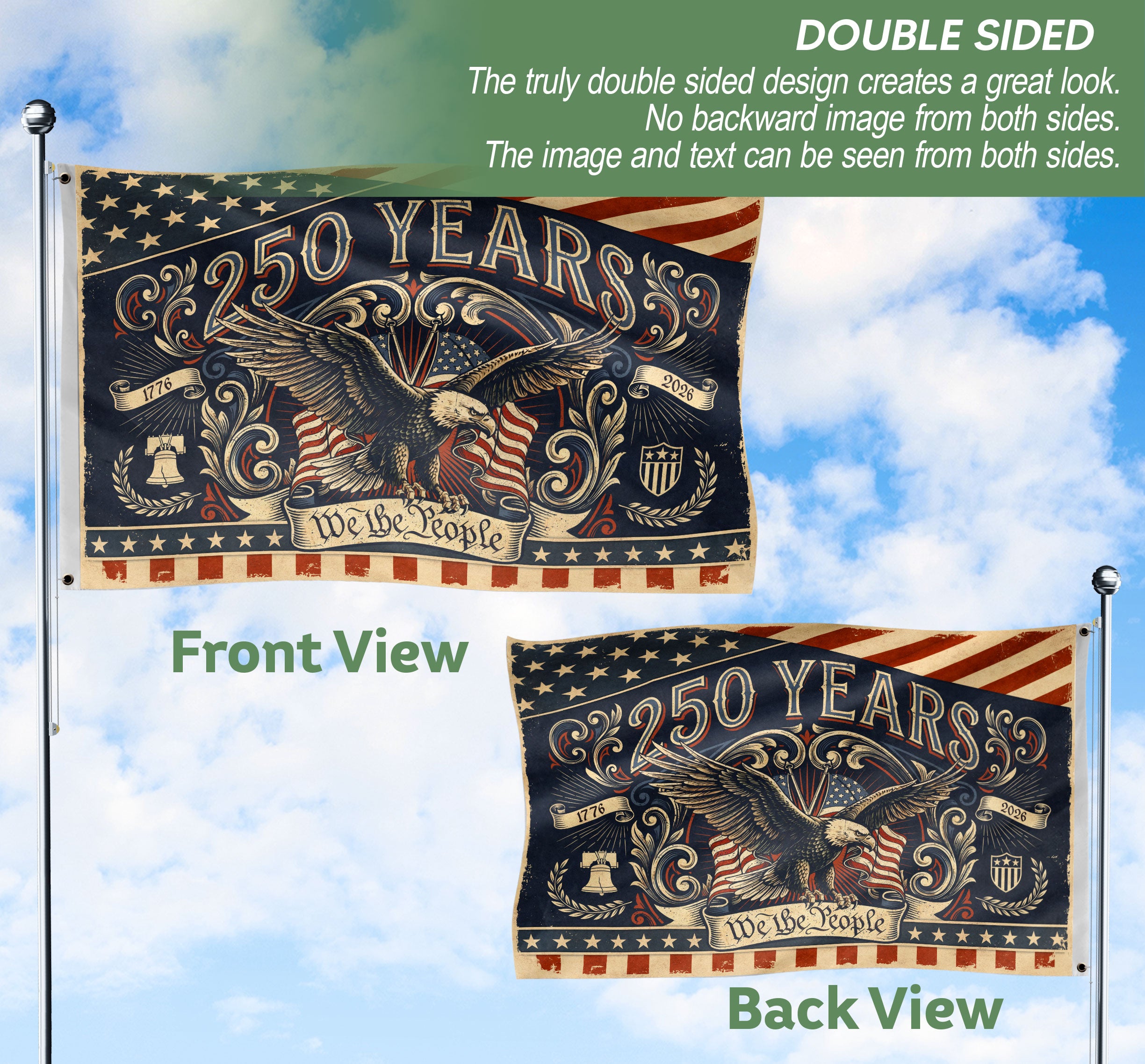 250 Years We The People Flag 1776-2026 Vintage American Eagle Liberty Bell Banner
