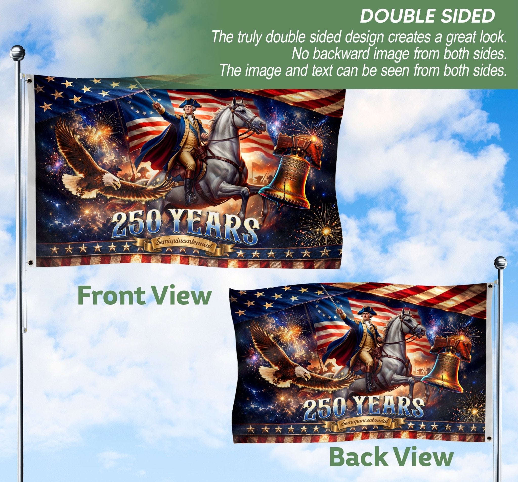 United States 250 Years Flag George Washington Liberty Bell Eagle Patriotic US Banner - Rust Field Wear