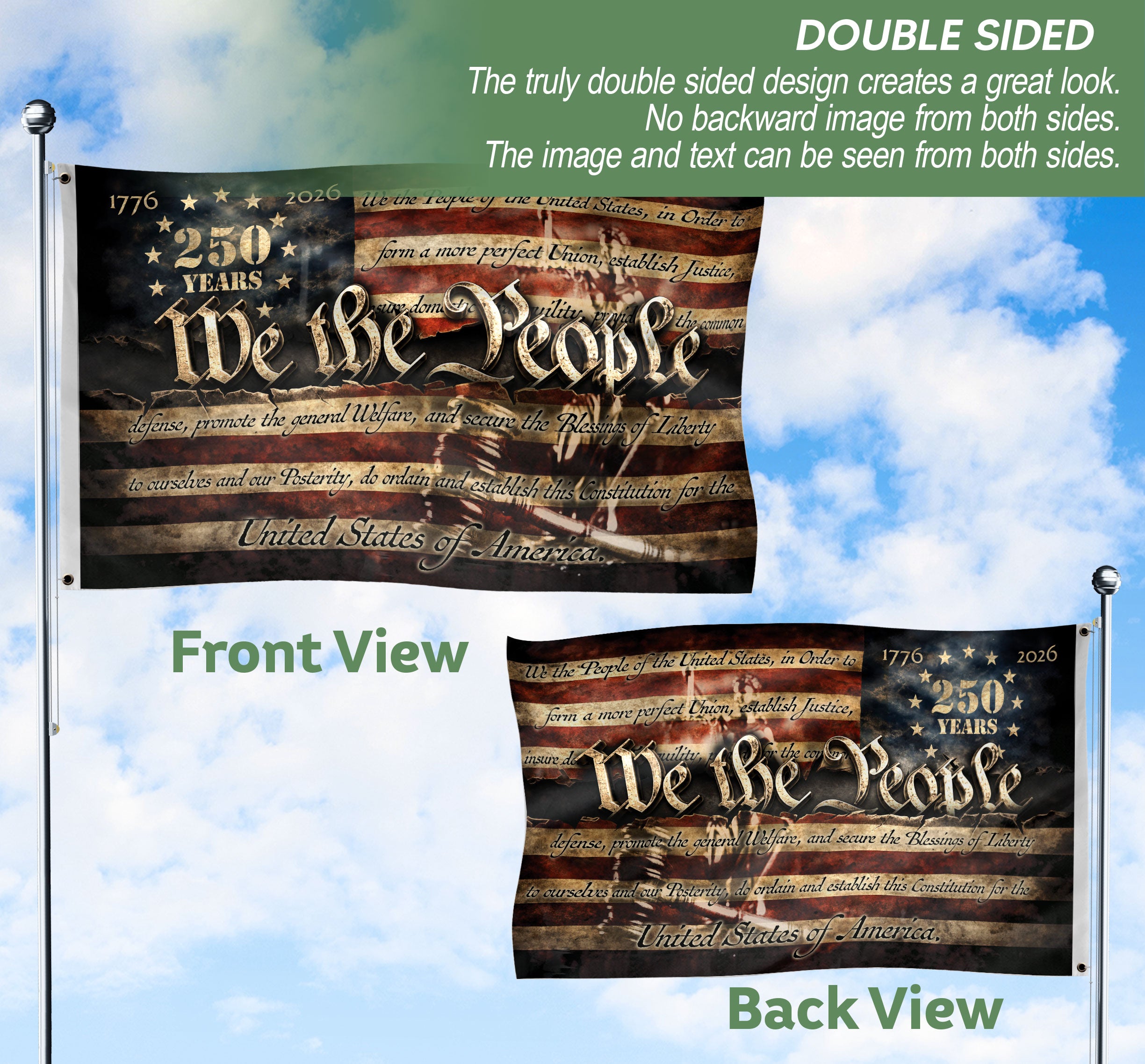 250 Years 1776-2026 American Flag We The People Constitution Preamble Patriotic Banner