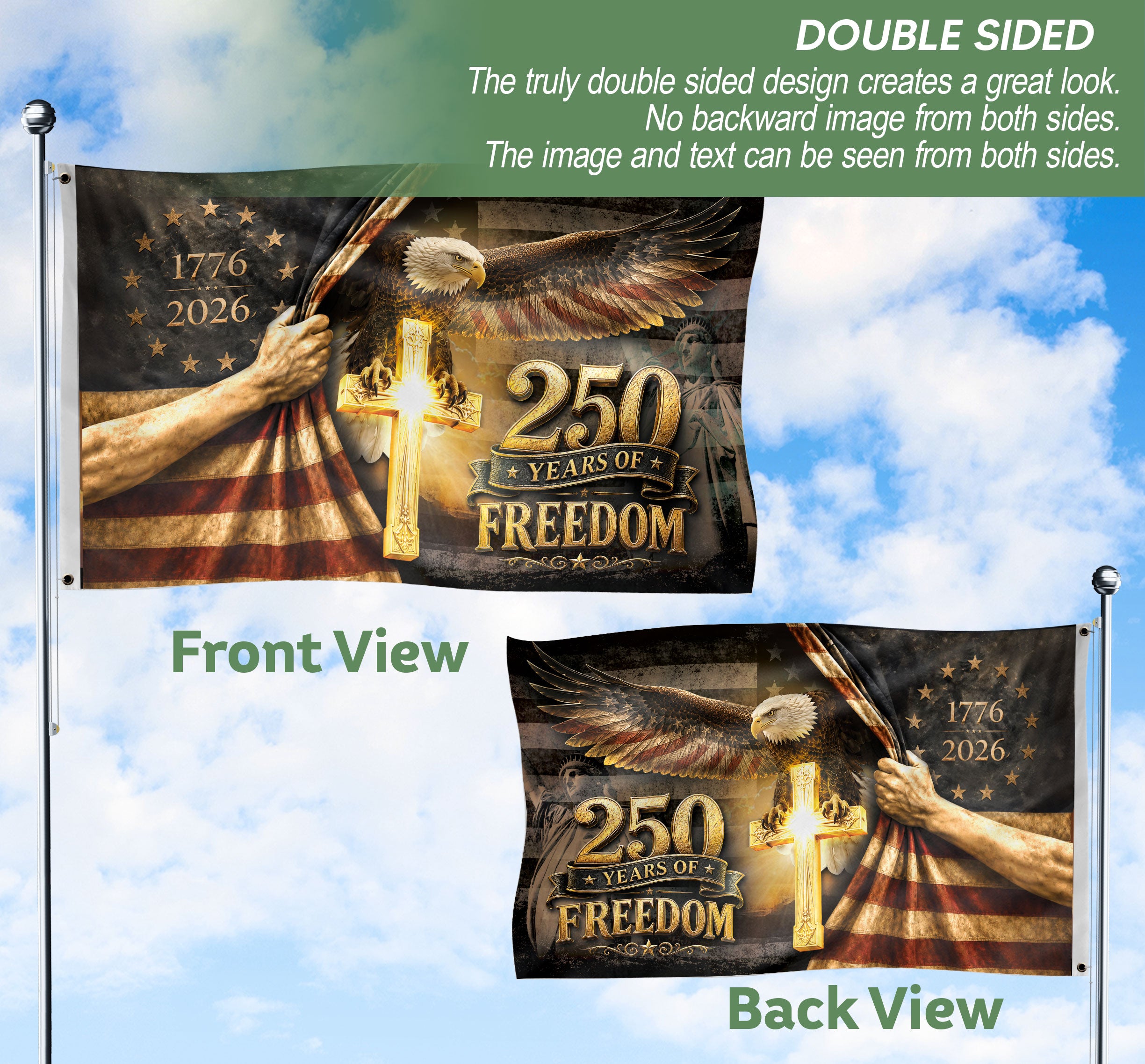 250 Years of Freedom Flag 1776-2026 Patriotic Bald Eagle Cross Liberty US Banner